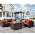 5pcs Patio Furniture Set With Fire Pit Table, All Weather Outdoor Sectional PE Rattan, Patio Conversation Sets With Cushions And Glass Coffee Table For Garden Lawn Balcony