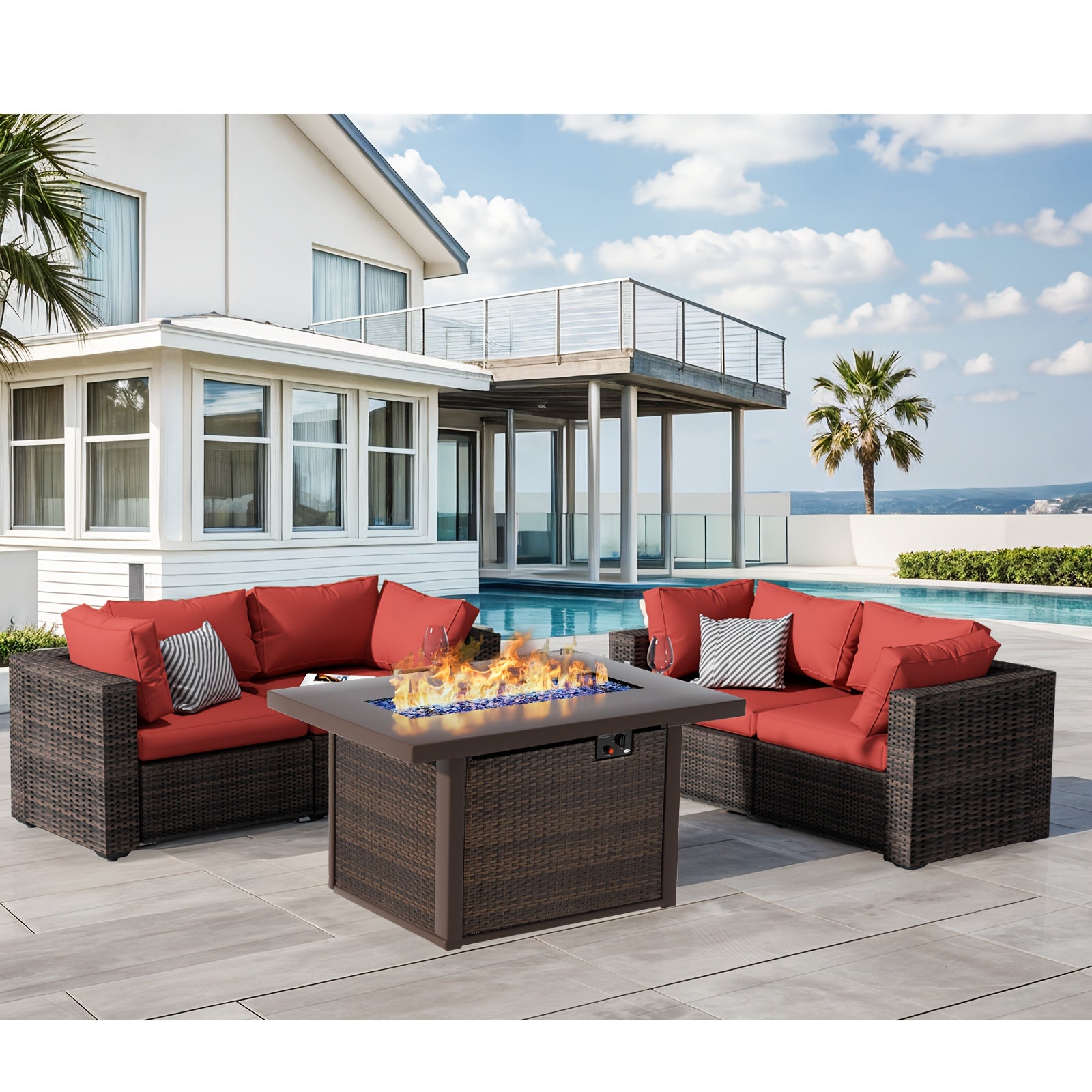 5pcs Patio Furniture Set With Fire Pit Table, All Weather Outdoor Sectional PE Rattan, Patio Conversation Sets With Cushions And Glass Coffee Table For Garden Lawn Balcony