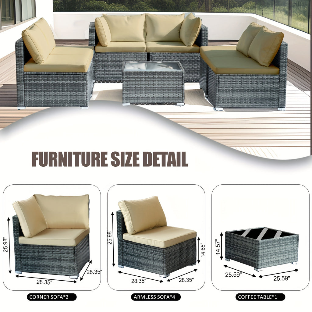 7 Piece Outdoor Patio Furniture Set - Rattan Combination Sofa With Glass Coffee Table For Garden, Poolside And Backyard.