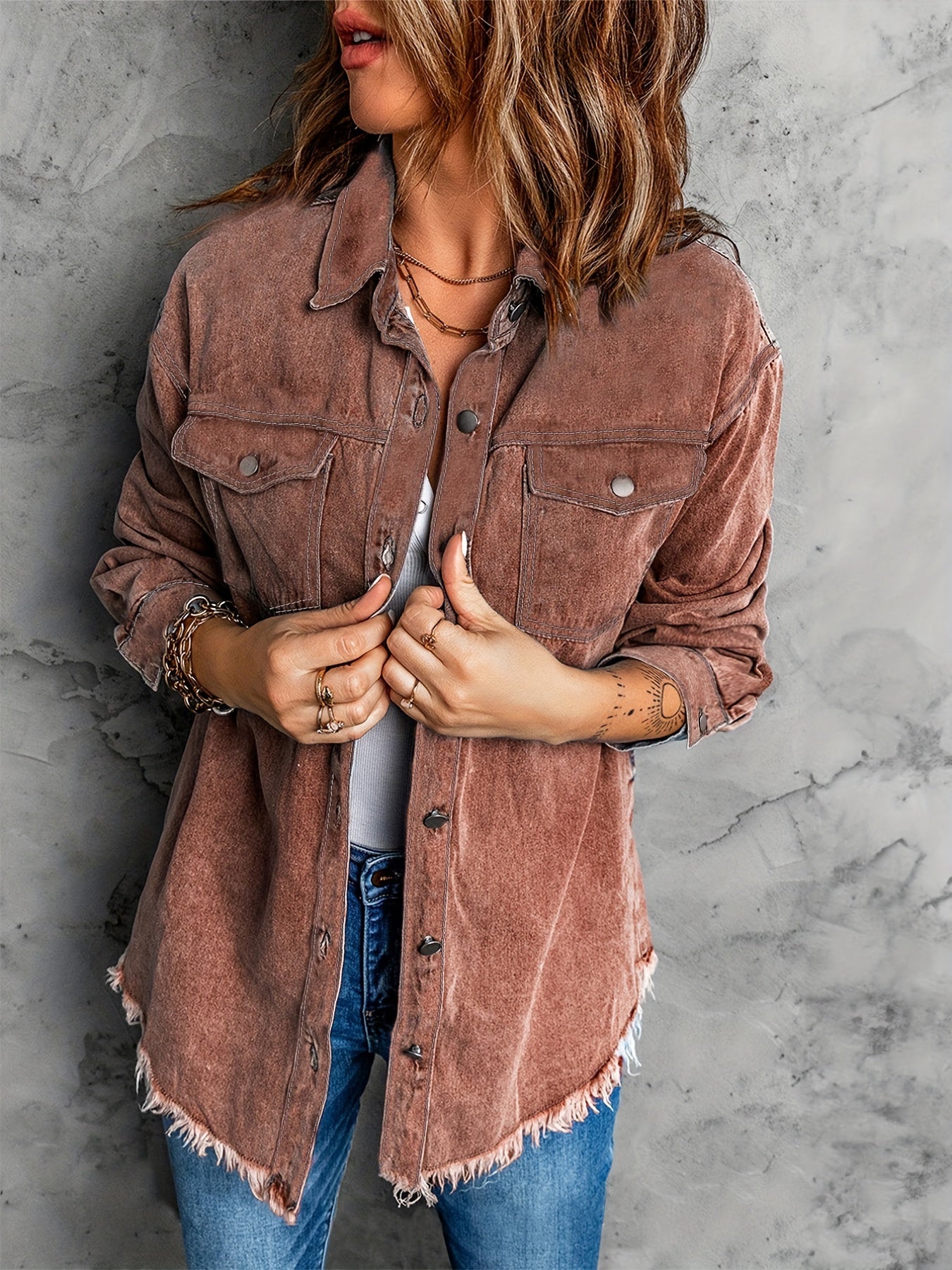 Frayed Hem Long Denim Jackets, Loose Fit Long Sleeves Versatile Lapel Denim Coats, Women's Denim Clothing
