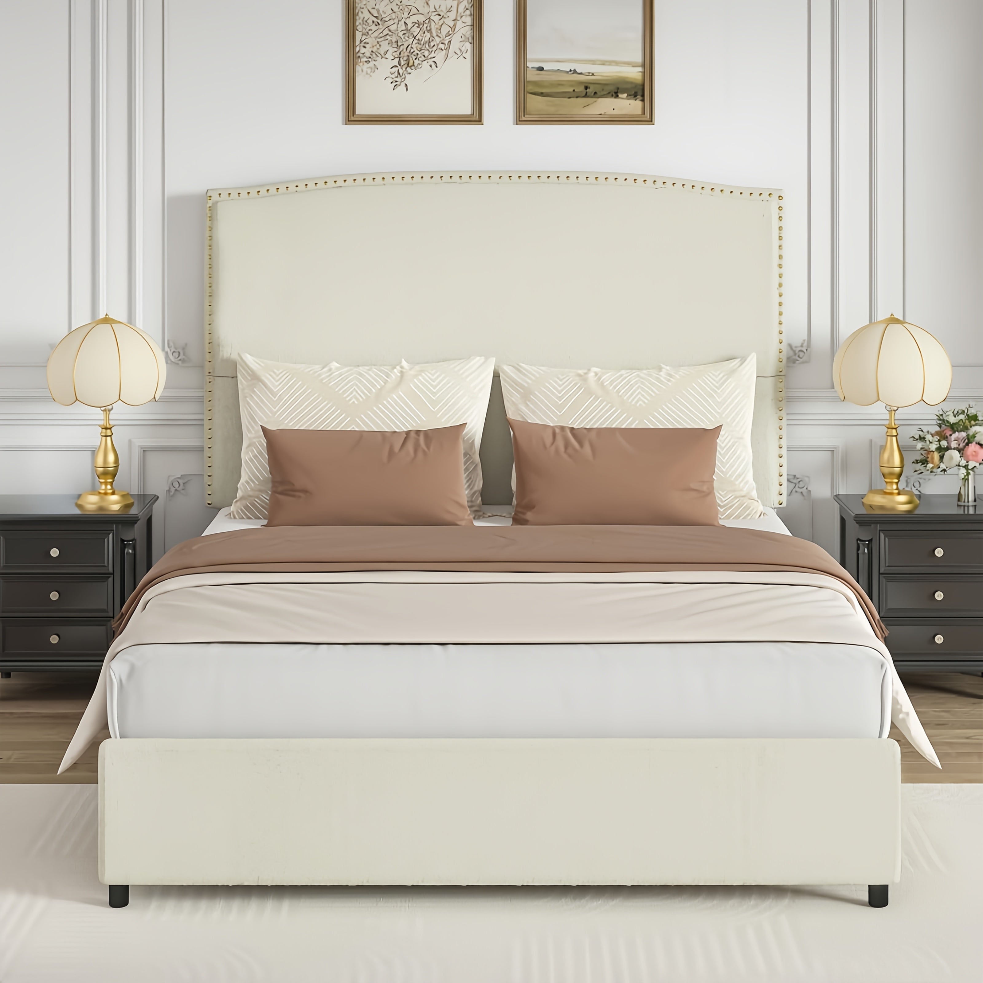 Full Queen King Size Bed Frame with 56" Tall Headboard - Boucle Upholstered Platform Bed with Nailhead Trim, Grey/Beige/White, No Box Spring Needed, Easy Assembly, Hardwood Frame Contemporary Bedroom Furniture, Home Decor, Mo