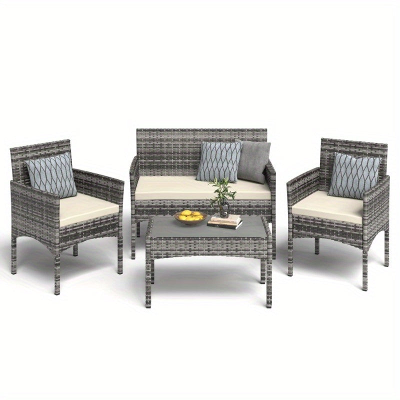 4pcs Patio Conversation Set, Outdoor Wicker Rattan Patio Furniture Set with Cushion and Table for Lawn Backyard, Garden, Balcony, Porch and Poolside