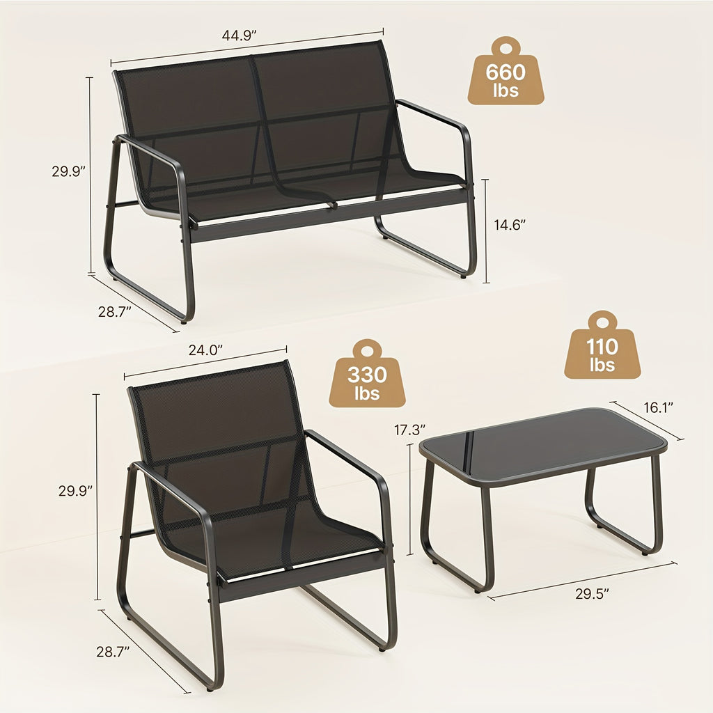 4 Piece Patio Furniture Set, Outdoor Patio Furniture With Loveseat And 2 Single Chairs, Bistro Table And Chairs Set For Backyard, Balcony, Lawn, Black