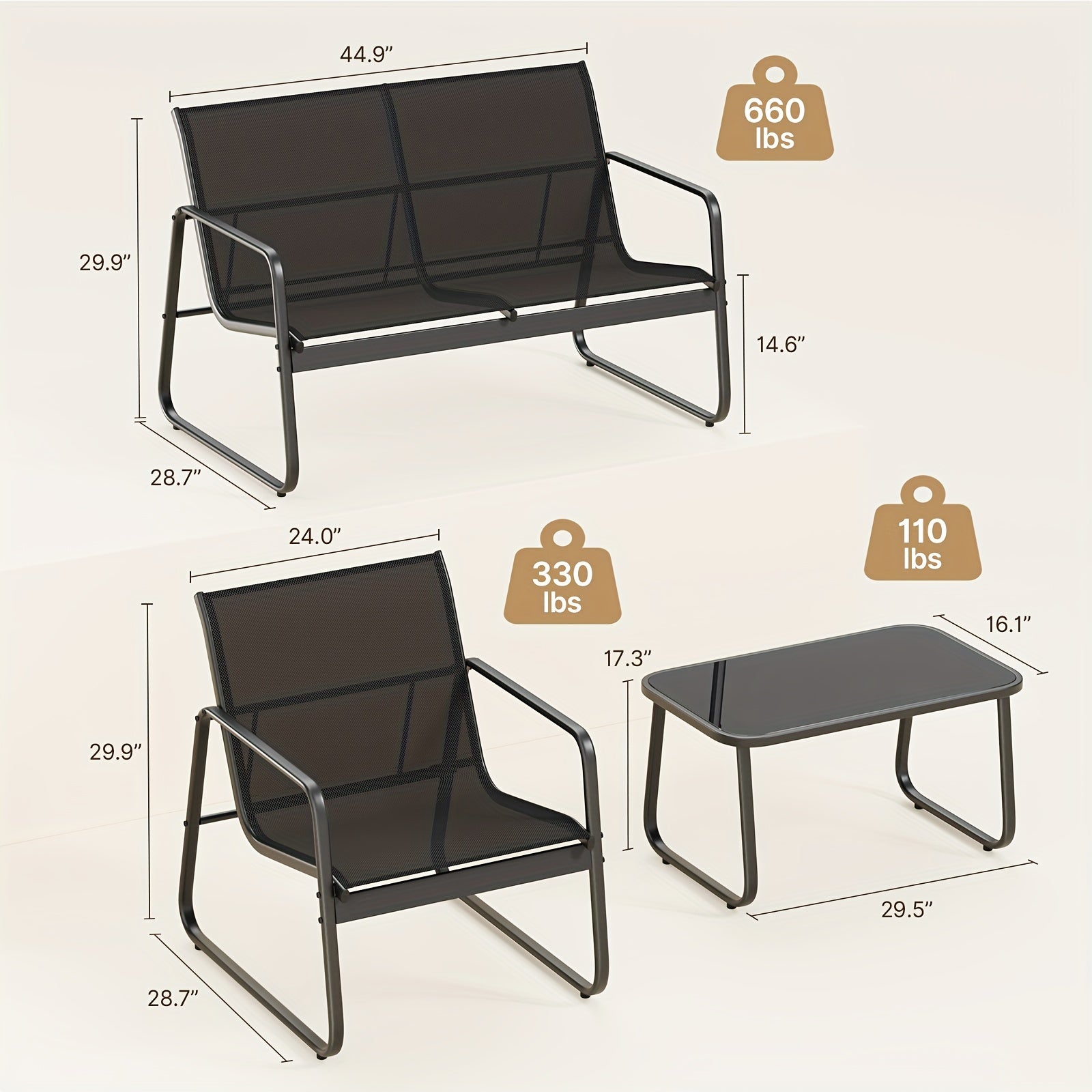 4 Piece Patio Furniture Set, Outdoor Patio Furniture With Loveseat And 2 Single Chairs, Bistro Table And Chairs Set For Backyard, Balcony, Lawn, Black