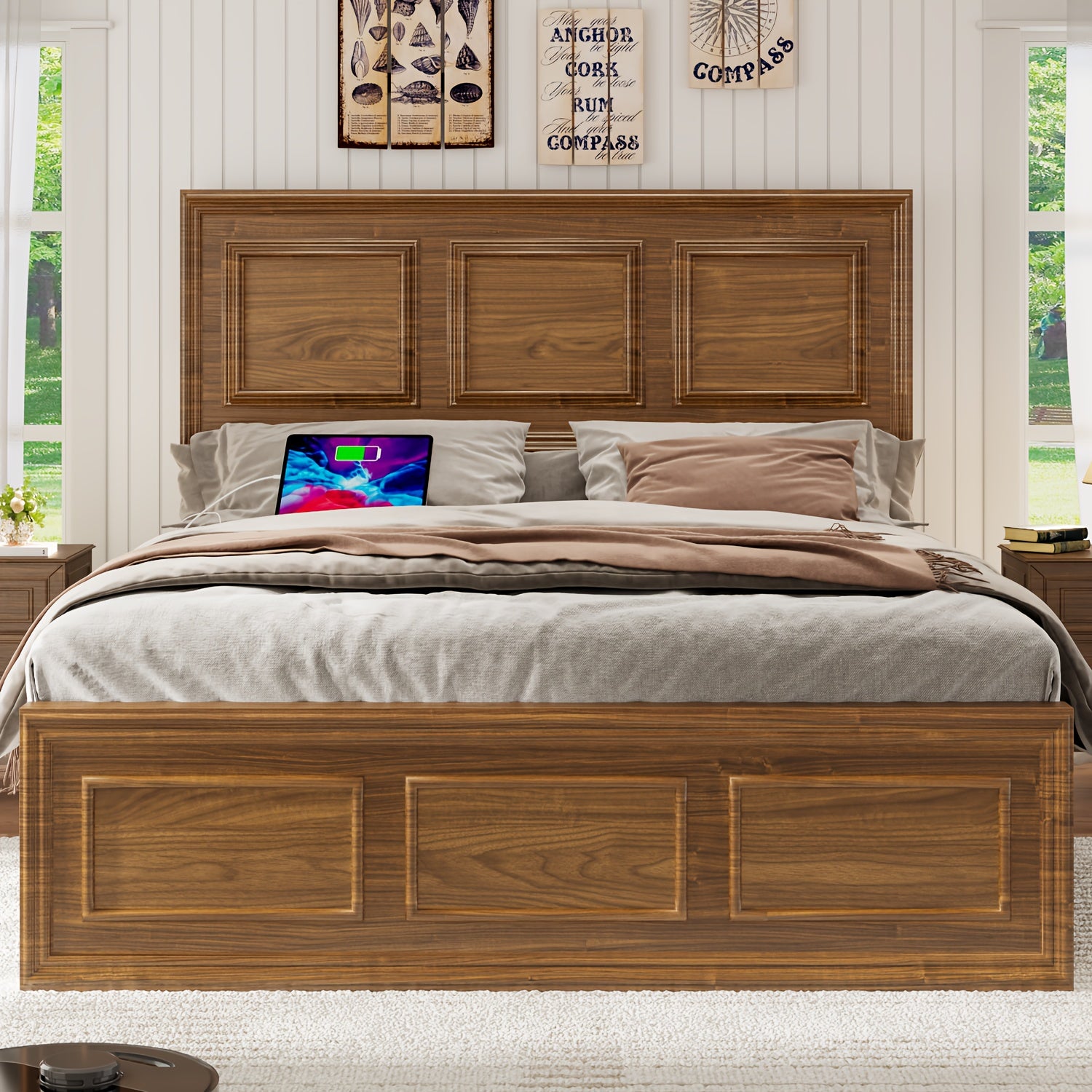 Full Queen Platform Bed Frame with Headboard, Farmhouse Style, Height Adjustable, Brown Oak Finish, USB Charging Port, Metal Frame, Easy Assembly, Modern Bedroom Furniture