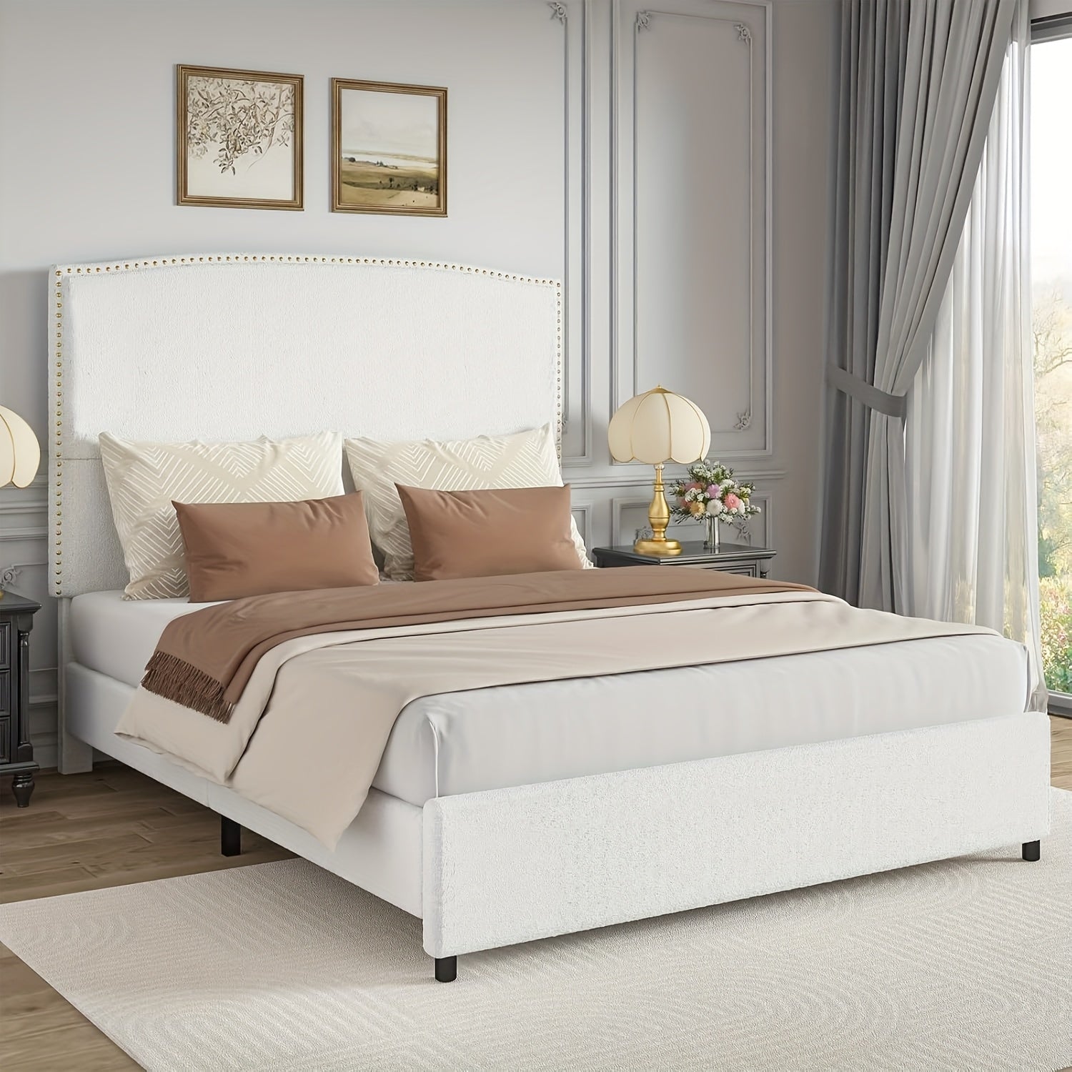 Elegant Queen King Size Bed Frame with 56" Tall Headboard, Boucle Upholstered Platform Bed with Nailhead Trim, Soft Beige/Grey/White Fabric, No Box Spring Needed, Easy Assembly, Classic Hardwood Design for a Luxurious Bedroom