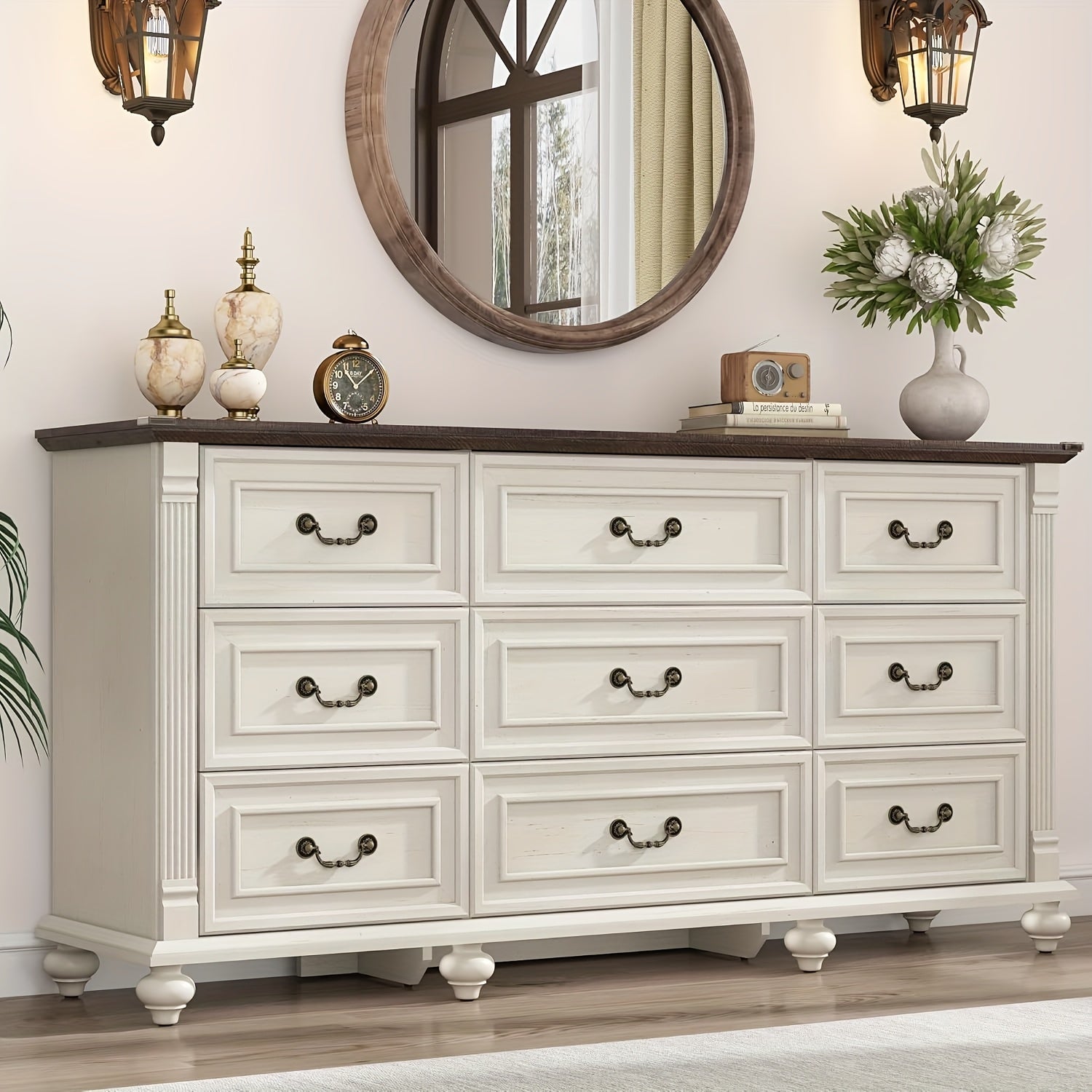 Farmhouse 63in Wide 9 Drawers Dresser with 6 Gourd Feet And Roman Column Decor, Bedroom Furniture, Storage Solution, Classic Design, Elegant Furniture, Mdf Material, Durable Wood, Wide Storage, Spacious Dresser