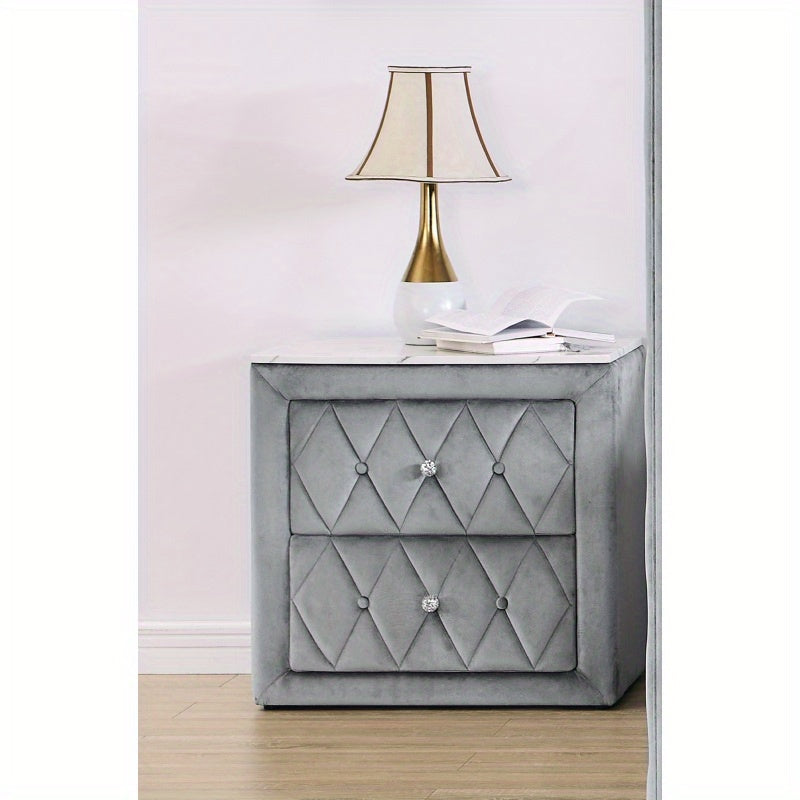 1pc Faux Marble Top Nightstand 2 Drawers Storage Gray Finish Button Tufted Faux Crystal TuftedSuitable for bedroom furniture