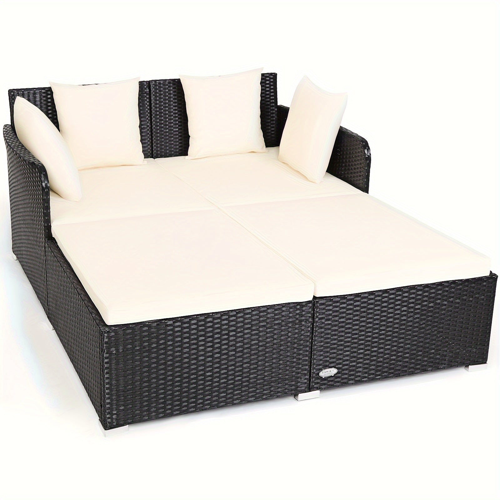 1pc Rattan Daybed With Cushions, Classic Outdoor Patio Furniture, Weather-Resistant Wicker Sofa, Beige – 61x52x27.5 Inches
