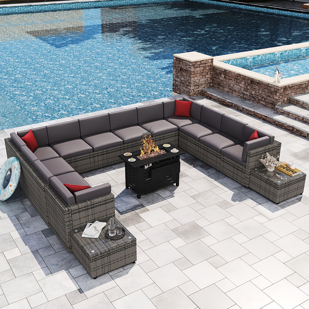 15 Pieces Patio Furniture Set - Grey Wicker Rattan Sectional Sofa with Coffee Table, 40" Fire Pit Table, Outdoor Conversation Set for Garden and Backyard
