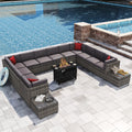15 Pieces Patio Furniture Set - Grey Wicker Rattan Sectional Sofa with Coffee Table, 40" Fire Pit Table, Outdoor Conversation Set for Garden and Backyard