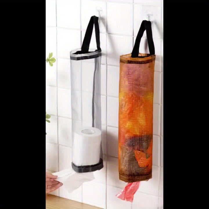 1pc Foldable Mesh Grocery Bag Holder, Breathable Plastic Bag Dispenser, Kitchen Garbage Bag Organizer with Hanging Storage