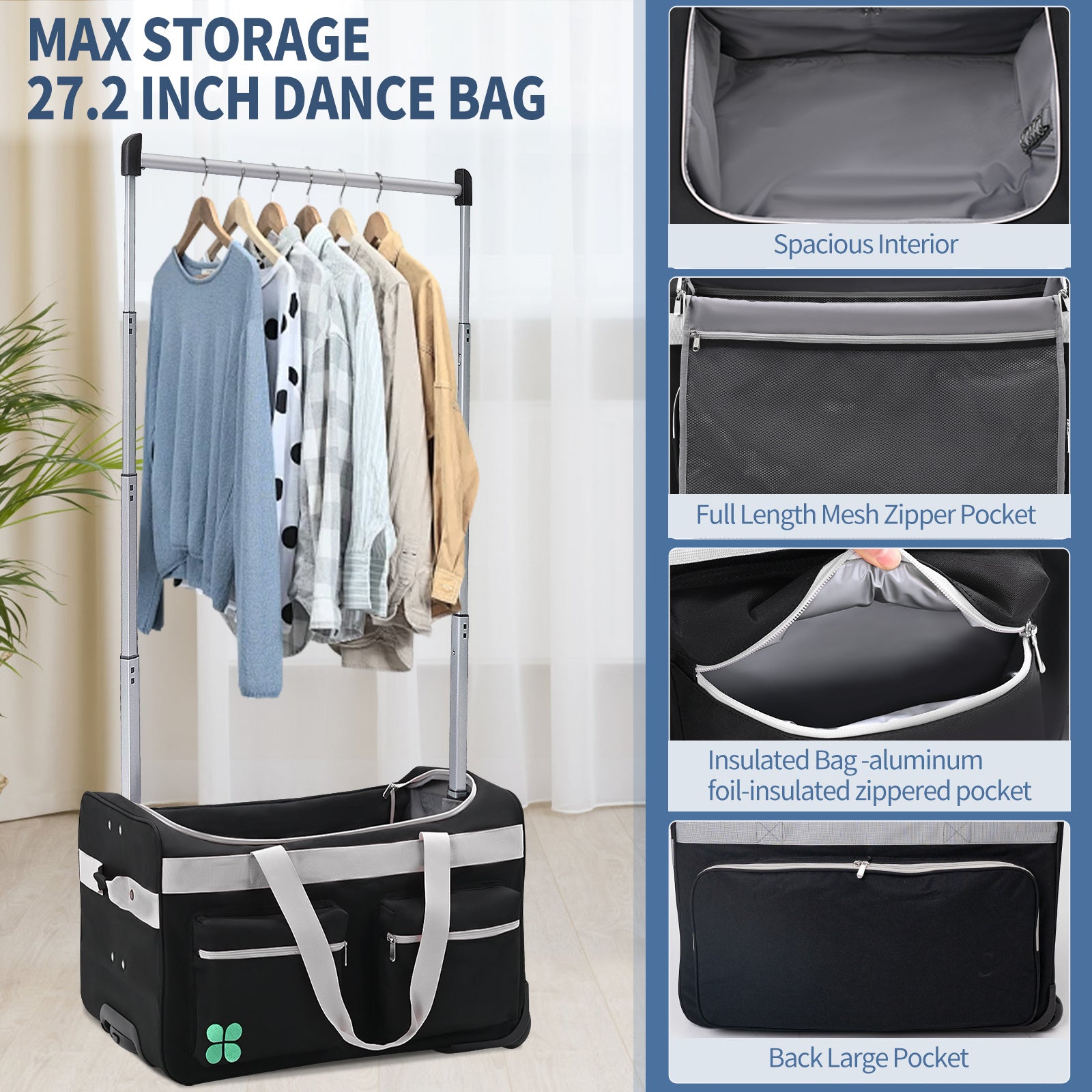 Dance Bag With Garment Rack, 27 Inch Dance Competition Bag Garment Duffel Bag For Competition Events, Travel, Recital Events, Rolling Garment Bag Travel Dance Bag for Girls Boys
