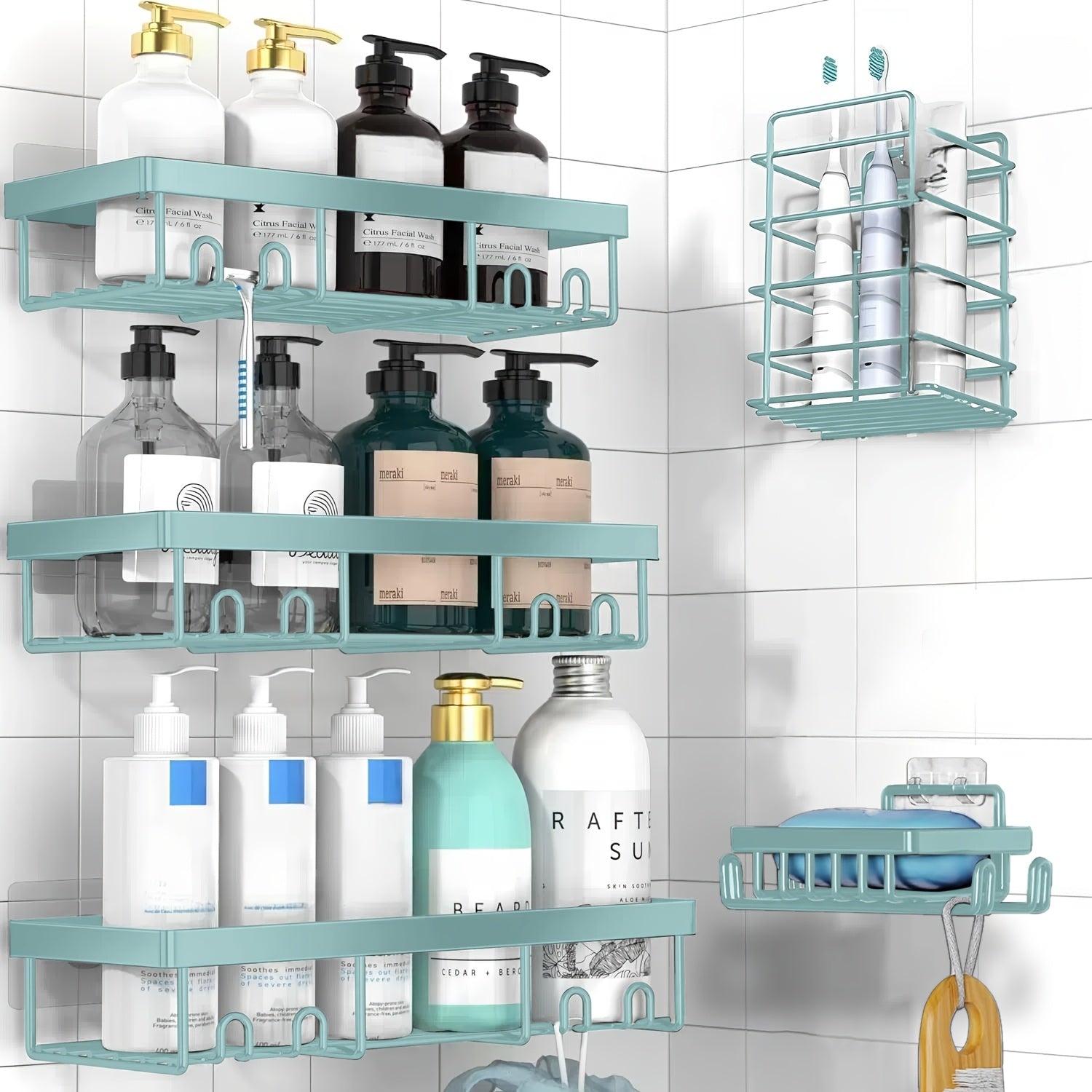 5 Pack Shower Caddy, Large Capacity Wall-Mounted Bathroom Shelf with Rustproof 304 Stainless Steel Shower Organizer Rack, No Drill Installation Suitable for Shower, Bathtub, for inside Shower Storage, Shower Caddies