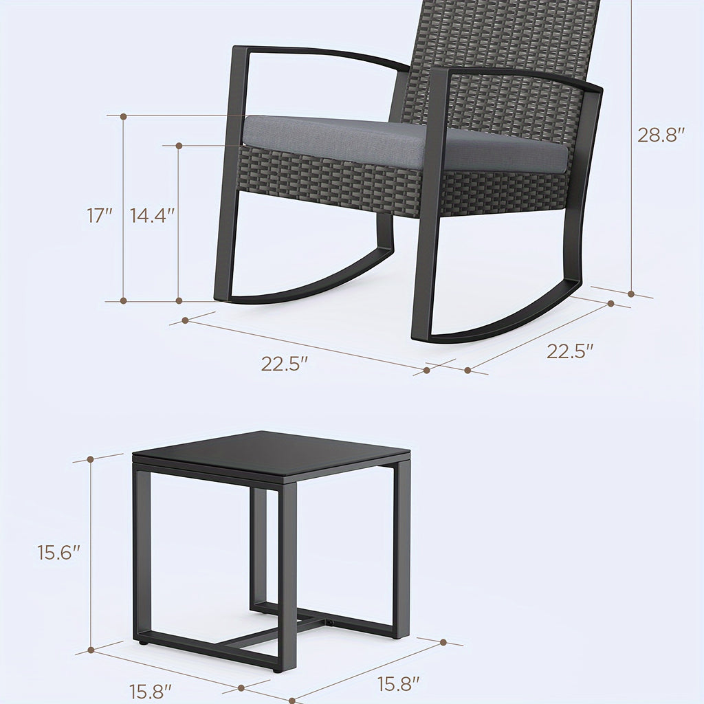 3pcs Patio Furniture Set Rocking Bistro Set Outdoor Rattan Conversation with Coffee Table for Garden Balcony Backyard Poolside (Grey Cushion), Patio Set, Outdoor Patio Furniture, Patio Table And Chair Set, Outdoor Furniture,