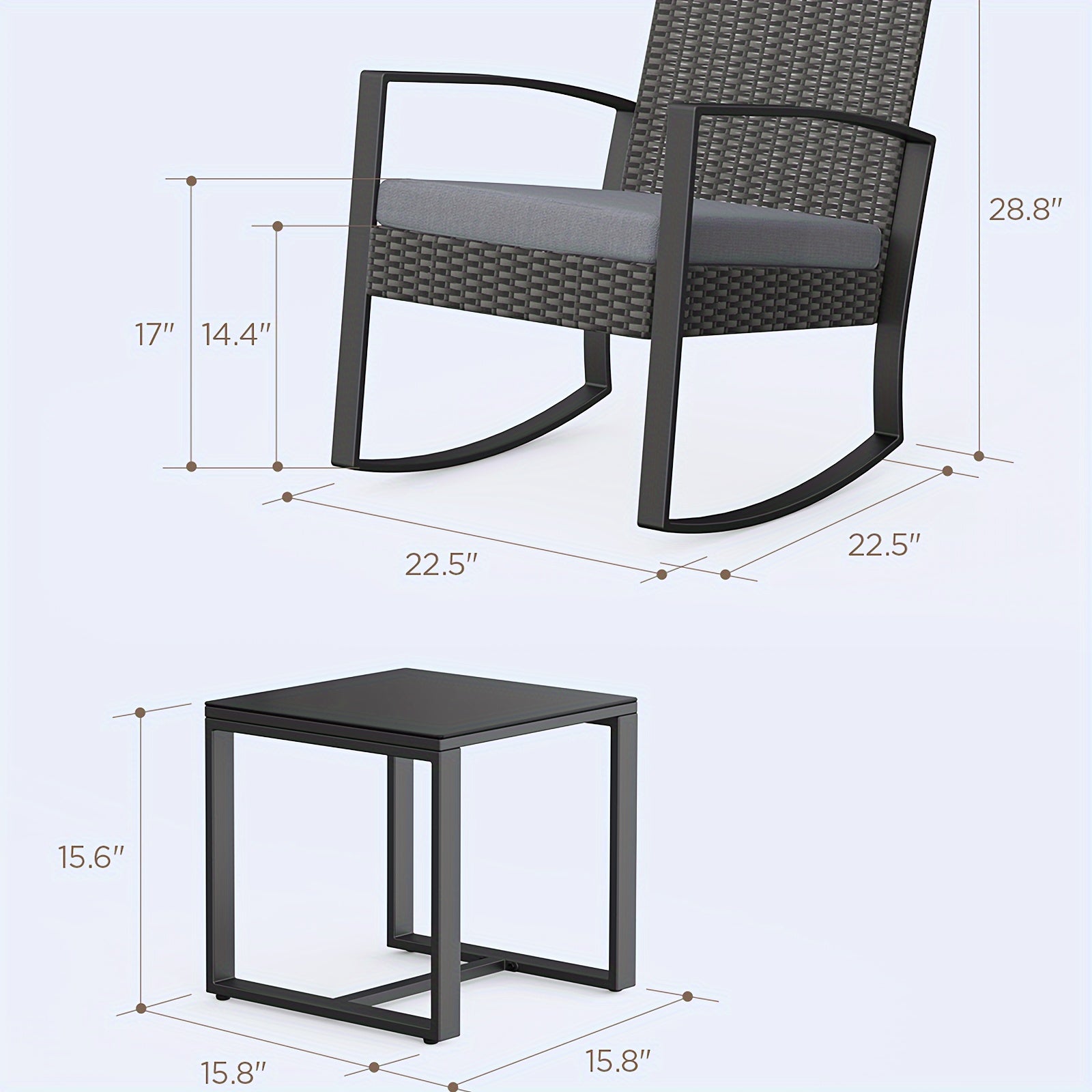 3pcs Patio Furniture Set Rocking Bistro Set Outdoor Rattan Conversation with Coffee Table for Garden Balcony Backyard Poolside (Grey Cushion), Patio Set, Outdoor Patio Furniture, Patio Table And Chair Set, Outdoor Furniture,