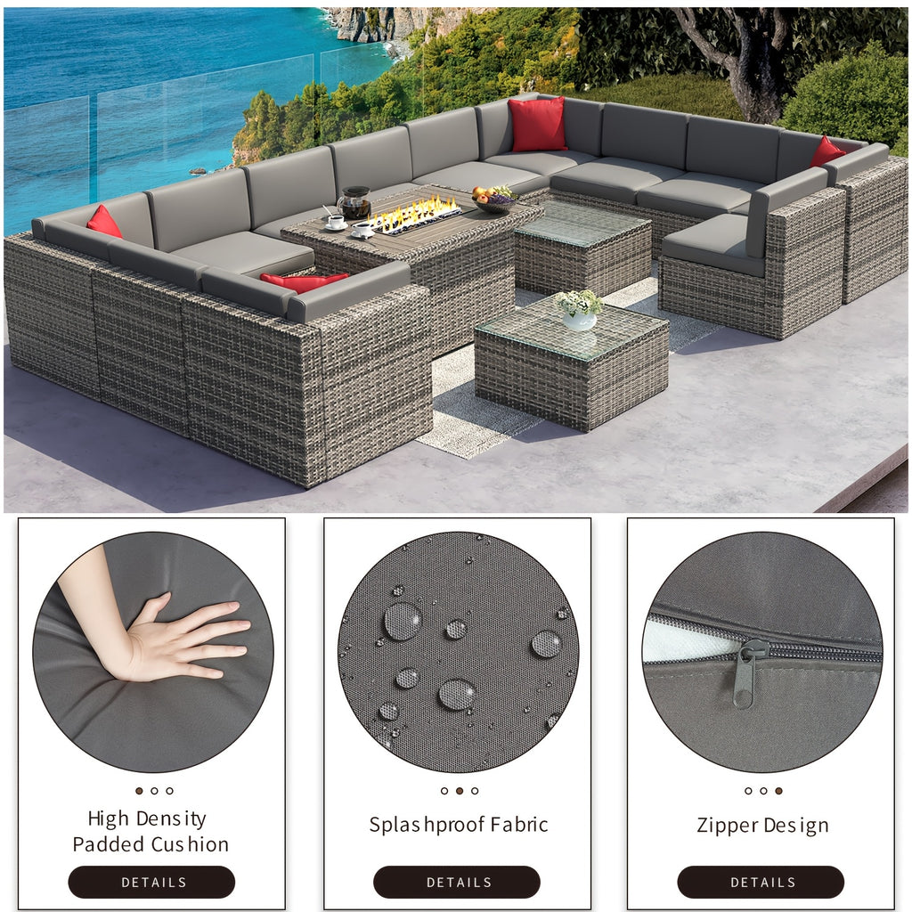 15 Pieces Patio Furniture Set - Grey Wicker Rattan Sectional Sofa with Coffee Table, 40" Fire Pit Table, Outdoor Conversation Set for Garden and Backyard