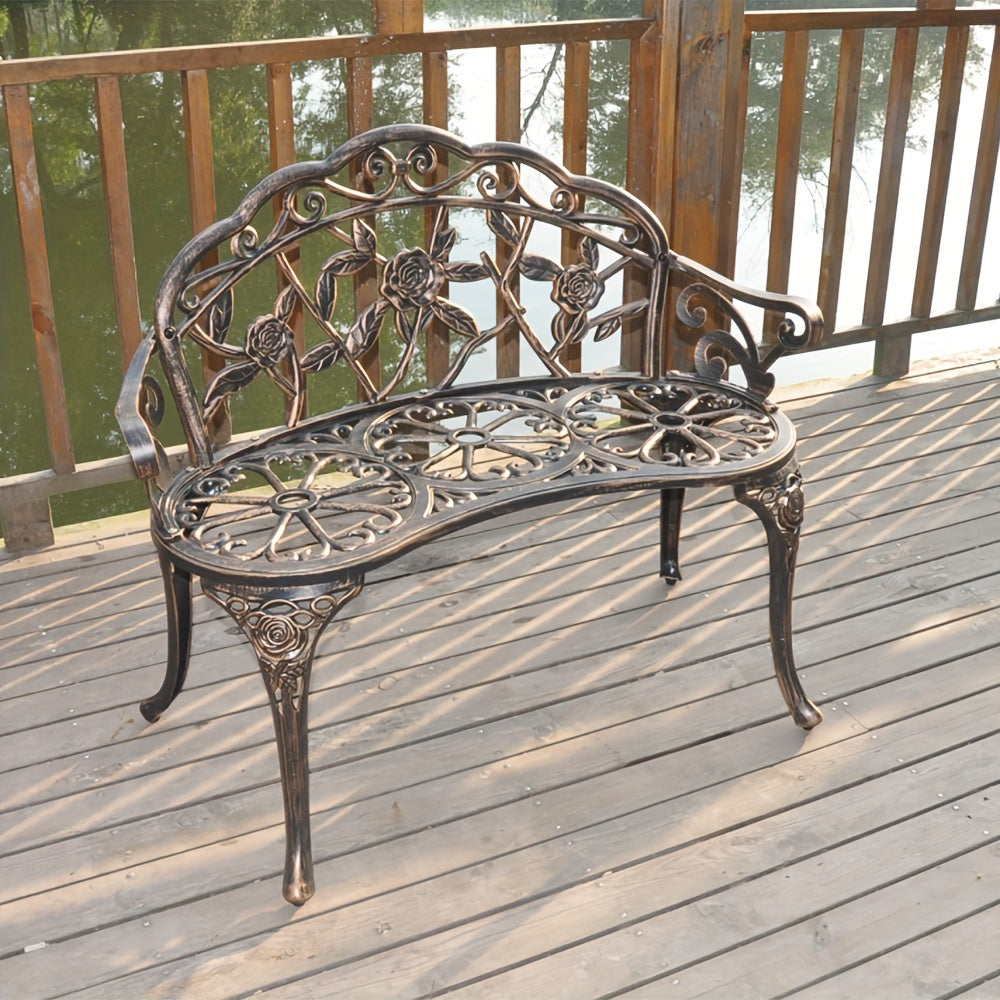 1 PC Rust-Proof Cast Iron Garden Bench, 38.5in Outdoor Seating with Elegant Rose Pattern, Foot Levelers, and Patio Furniture in Green