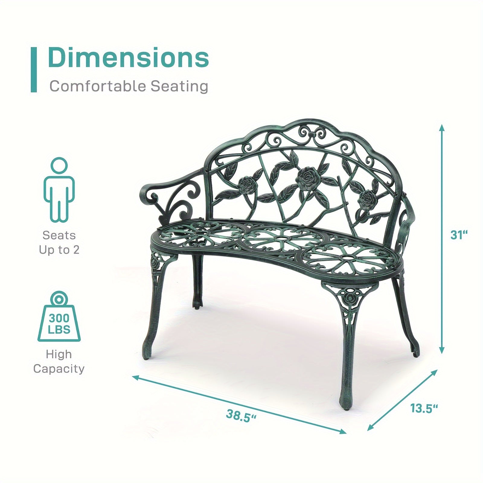 1 PC Rust-Proof Cast Iron Garden Bench, 38.5in Outdoor Seating with Elegant Rose Pattern, Foot Levelers, and Patio Furniture in Green