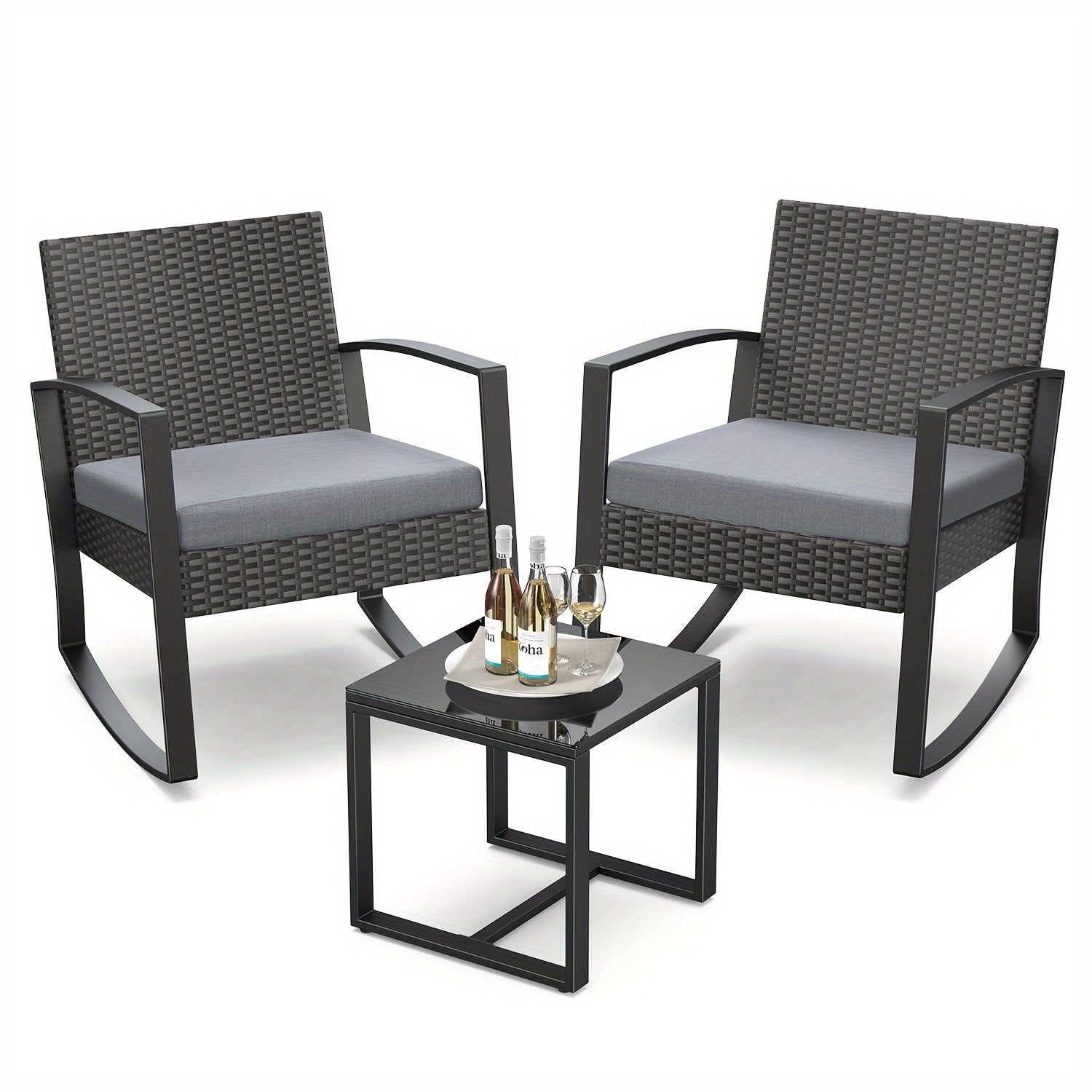 3pcs Patio Furniture Set Rocking Bistro Set Outdoor Rattan Conversation with Coffee Table for Garden Balcony Backyard Poolside (Grey Cushion), Patio Set, Outdoor Patio Furniture, Patio Table And Chair Set, Outdoor Furniture,