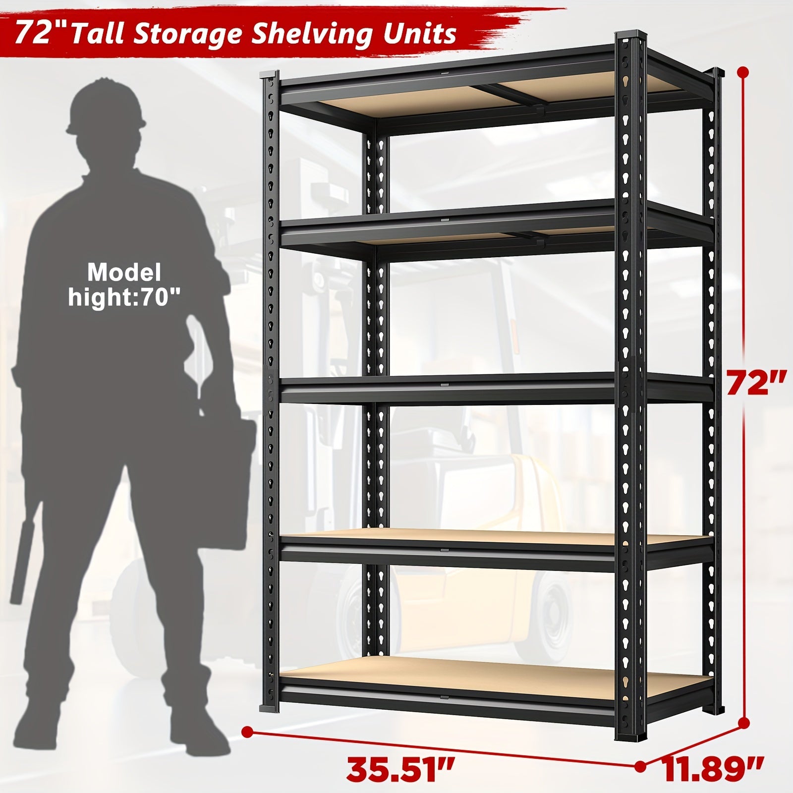 2020LBS Storage Shelves 5 Tier Garage Shelving Heavy Duty Adjustable Garage Shelves, Utility Rack Shelf, Galvanized Steel Shelving Units For Storage Warehouse Pantry Closet, 35.5" W X 11.9" D X 72" H, Black