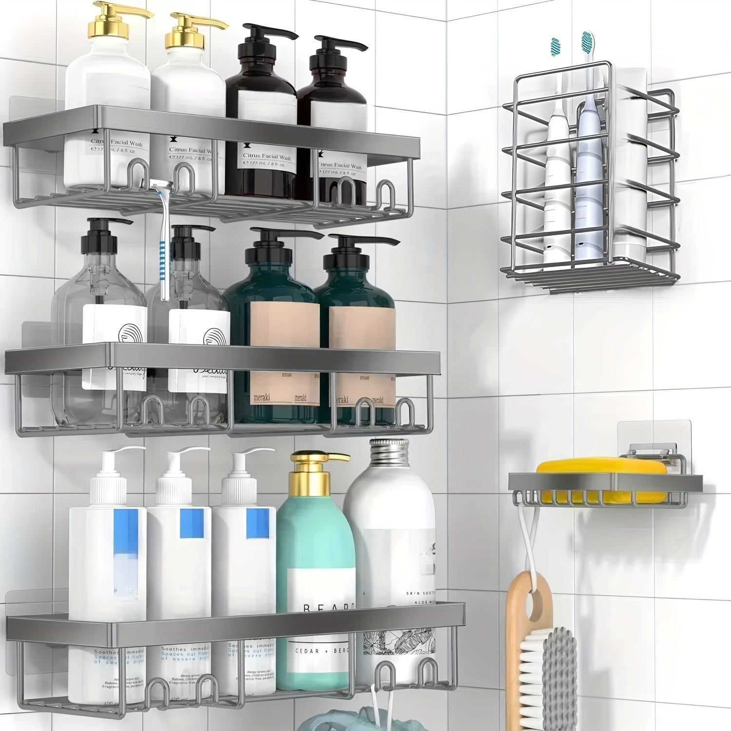 5 Pack Shower Caddy, Large Capacity Wall-Mounted Bathroom Shelf with Rustproof 304 Stainless Steel Shower Organizer Rack, No Drill Installation Suitable for Shower, Bathtub, for inside Shower Storage, Shower Caddies