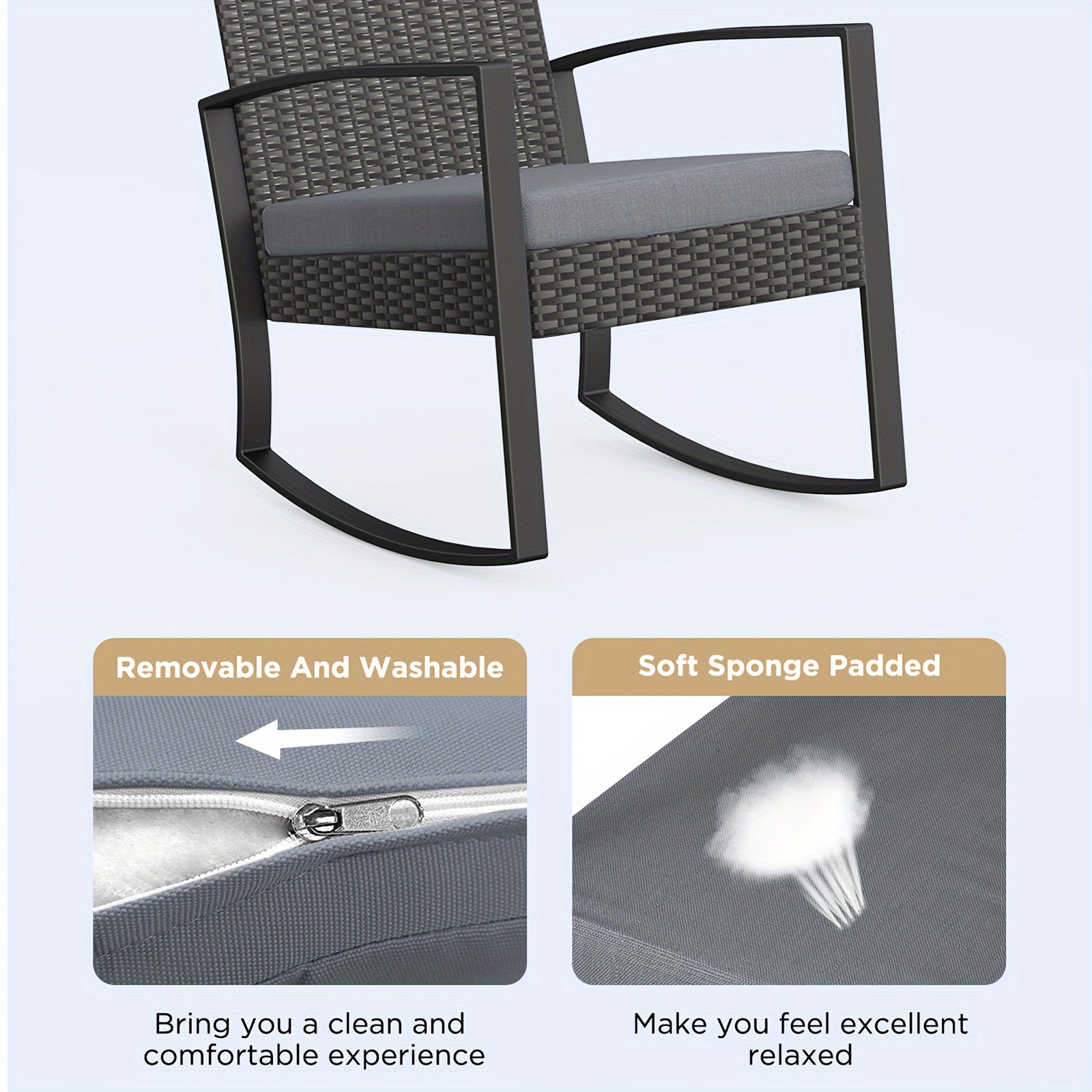 3pcs Patio Furniture Set Rocking Bistro Set Outdoor Rattan Conversation with Coffee Table for Garden Balcony Backyard Poolside (Grey Cushion), Patio Set, Outdoor Patio Furniture, Patio Table And Chair Set, Outdoor Furniture,