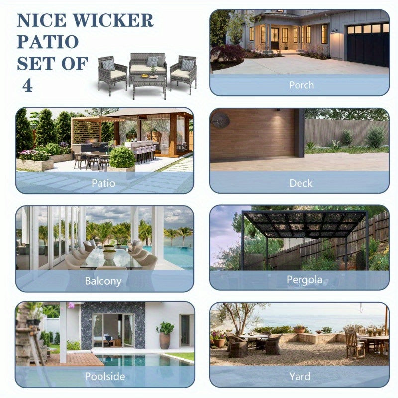 4pcs Patio Conversation Set, Outdoor Wicker Rattan Patio Furniture Set with Cushion and Table for Lawn Backyard, Garden, Balcony, Porch and Poolside
