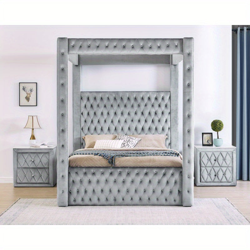 1pc Faux Marble Top Nightstand 2 Drawers Storage Gray Finish Button Tufted Faux Crystal TuftedSuitable for bedroom furniture