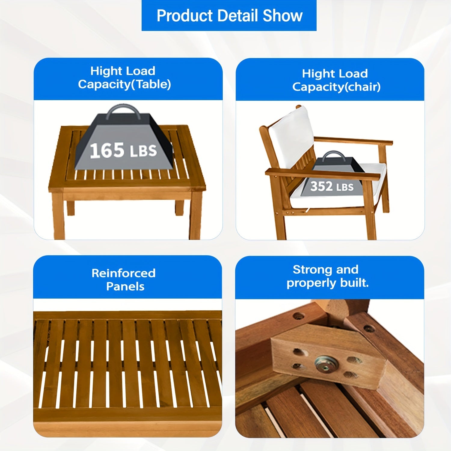 3 Pieces Acacia Wood Patio Bistro Set with Water Resistant Cushions and Coffee Table for Backyard Garden Patio Furniture Outdoor Table Chair Set Outdoor Wood Chat Chairs Set