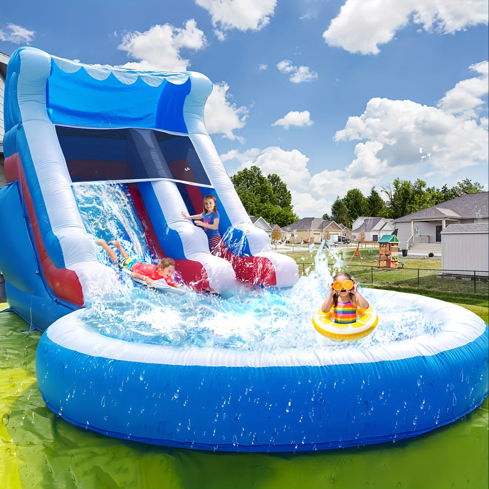 Adult 24-foot Commercial PVC Inflatable Slide Bounce House, Larger Splash Pool And 1100W Power Blower, Backyard Outdoor Patio Furniture With Paddling Pool, Climbing Wall, Christmas And Halloween Gifts