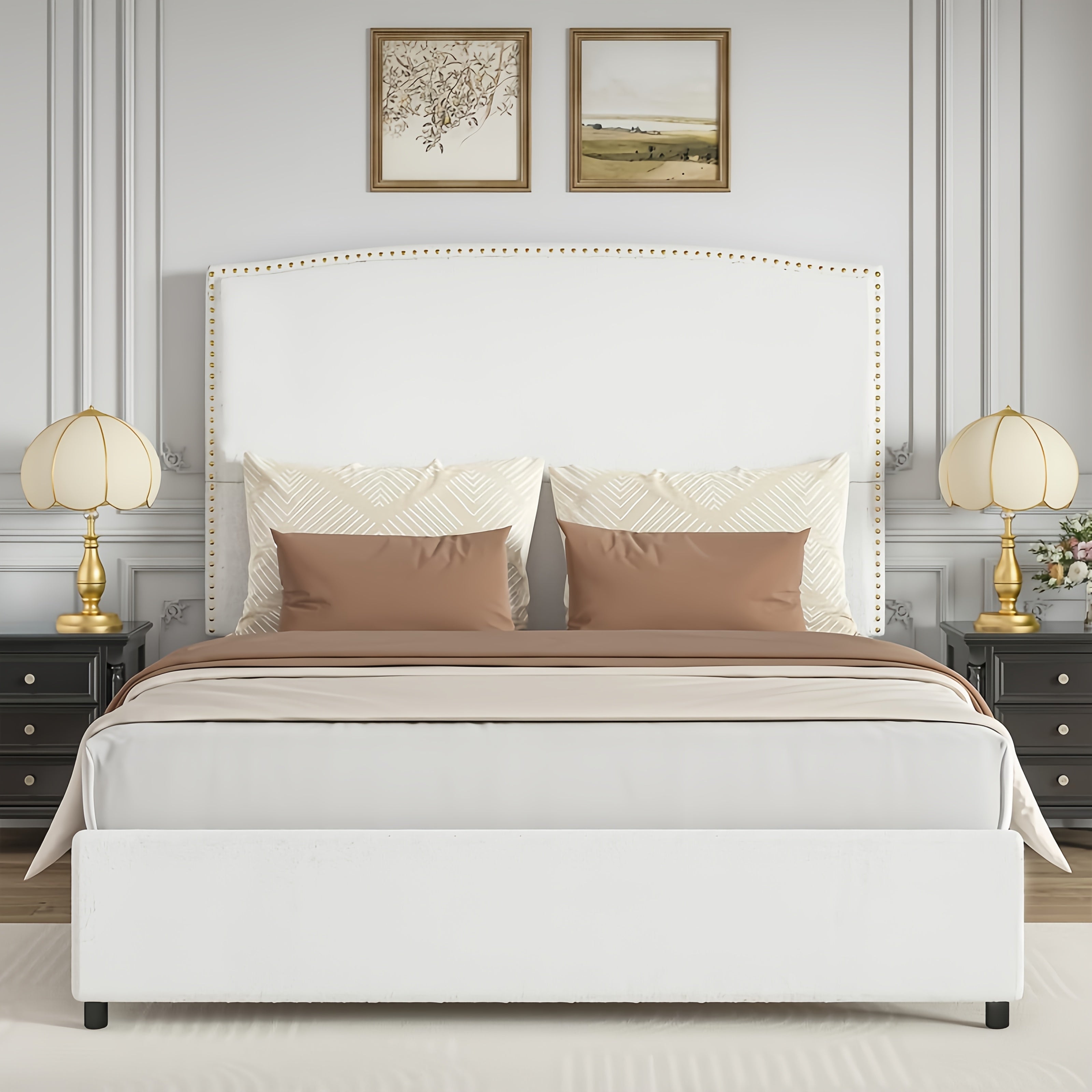 Full Queen King Size Bed Frame with 56" Tall Headboard - Boucle Upholstered Platform Bed with Nailhead Trim, Grey/Beige/White, No Box Spring Needed, Easy Assembly, Hardwood Frame Contemporary Bedroom Furniture, Home Decor, Mo
