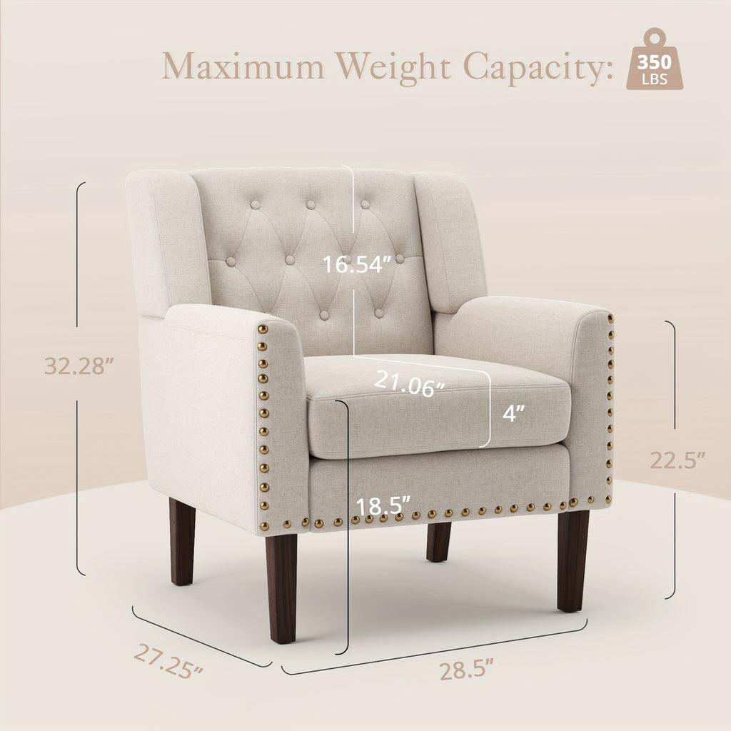 1PCS 350LBS Upholstered Linen Accent Chair, Mid Century Living Room Chair 18.5", Comfy Button Tufted Arm Chair, Accent Chairs For Living Room, Small Spaces, Bedroom,