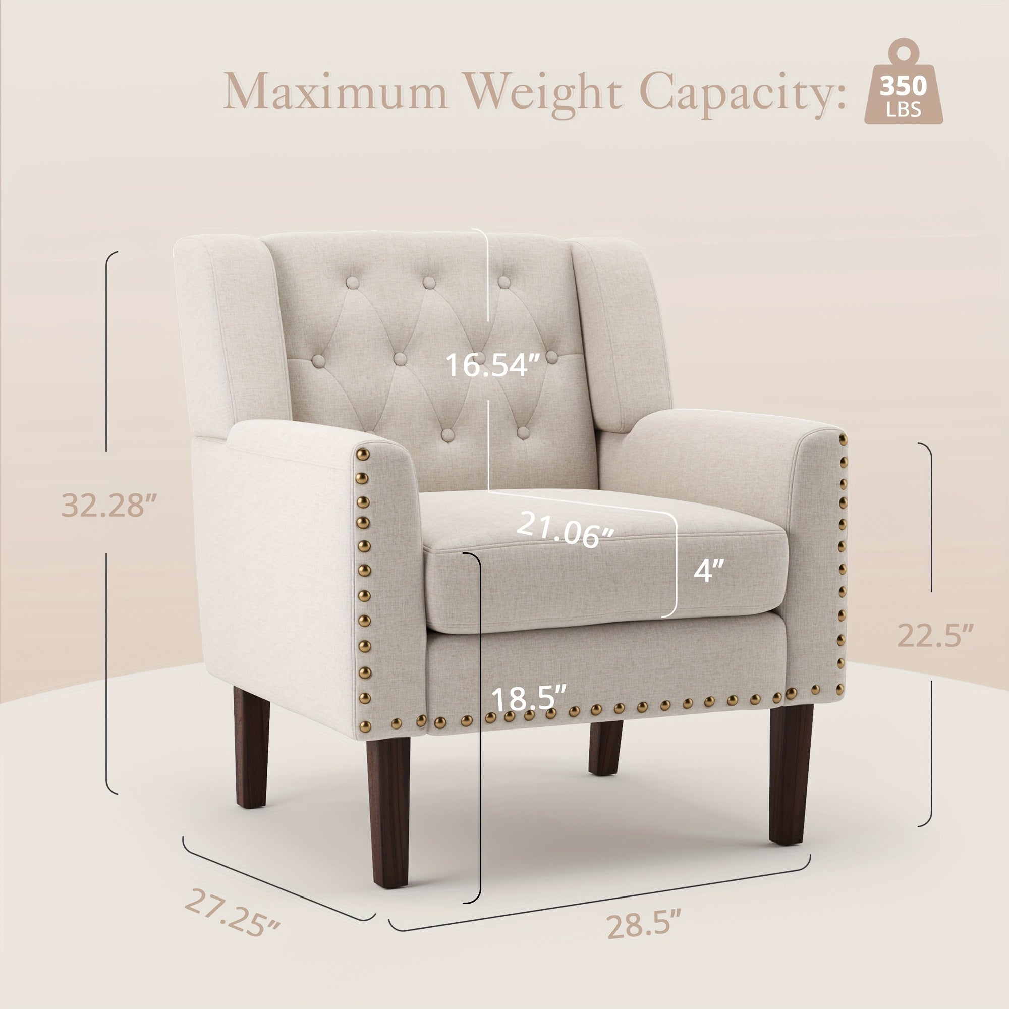1PCS 350LBS Upholstered Linen Accent Chair, Mid Century Living Room Chair 18.5", Comfy Button Tufted Arm Chair, Accent Chairs For Living Room, Small Spaces, Bedroom,