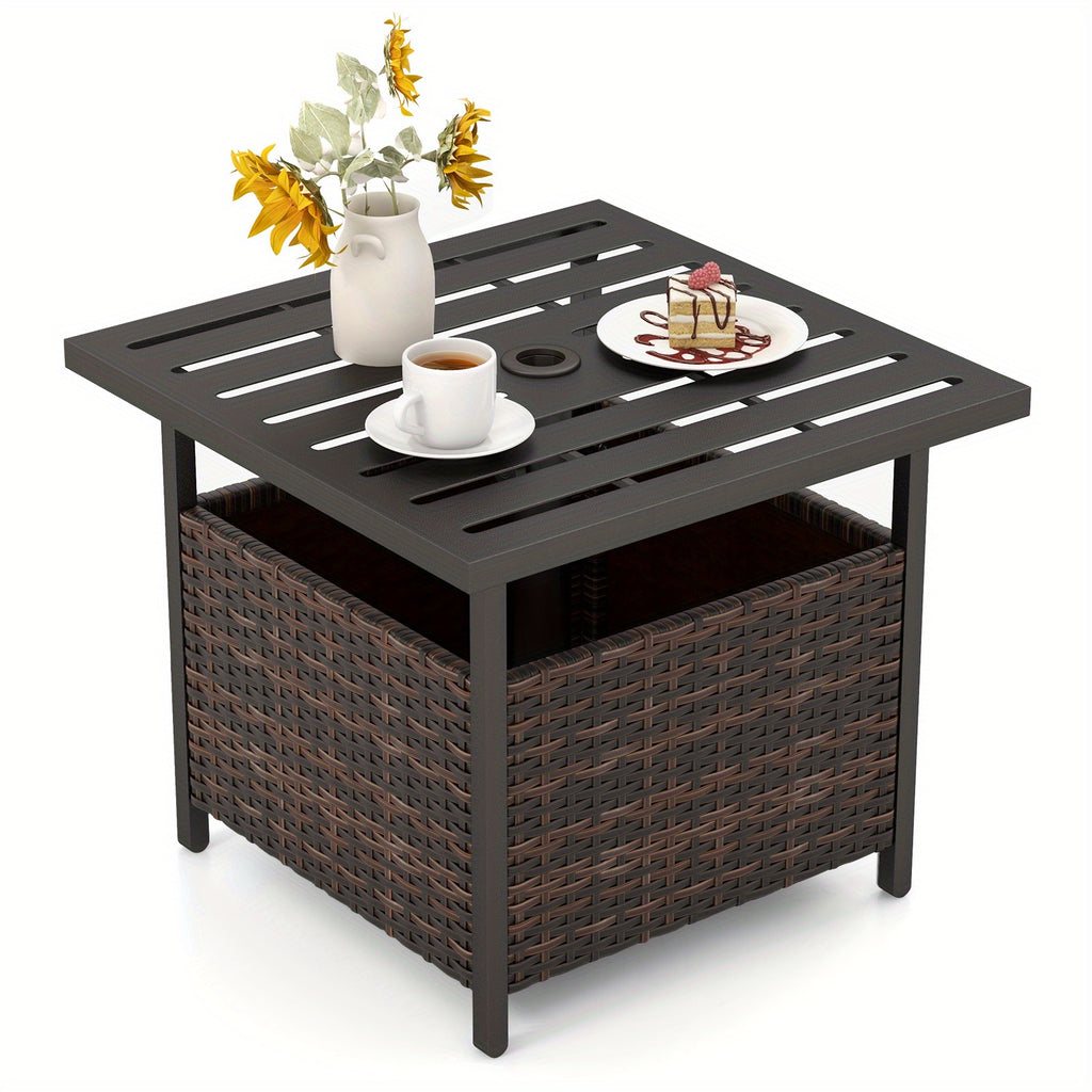 22" LIFEZEAL Outdoor Umbrella Stand Table - Rattan Wicker Side Table with Metal Frame, Built-in 1.57" Hole for Secure Umbrella Placement, Ideal for Patio, Garden, Poolside, Yard - Mix Gray, Patio Furniture | Decorative Outdoo