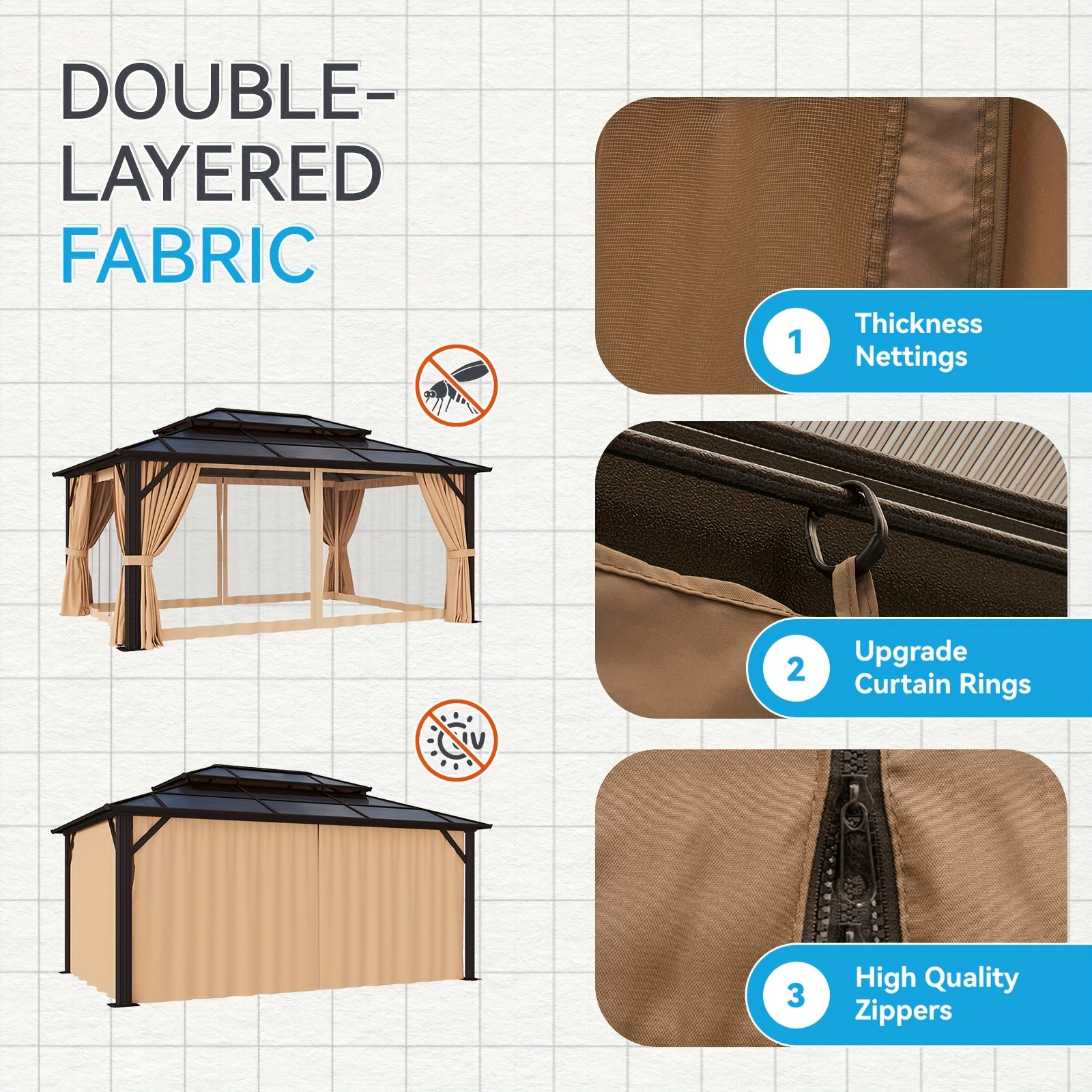 20'x13'/16'x12'/12'x10' Hardtop Gazebo for Patio, Outdoor Aluminum Gazebo with Double Roof, Curtains & Netting, Weather-Resistant Permanent Pavilion, Backyard Patio Furniture for Garden, Lawn, Deck (Brown/Gray)