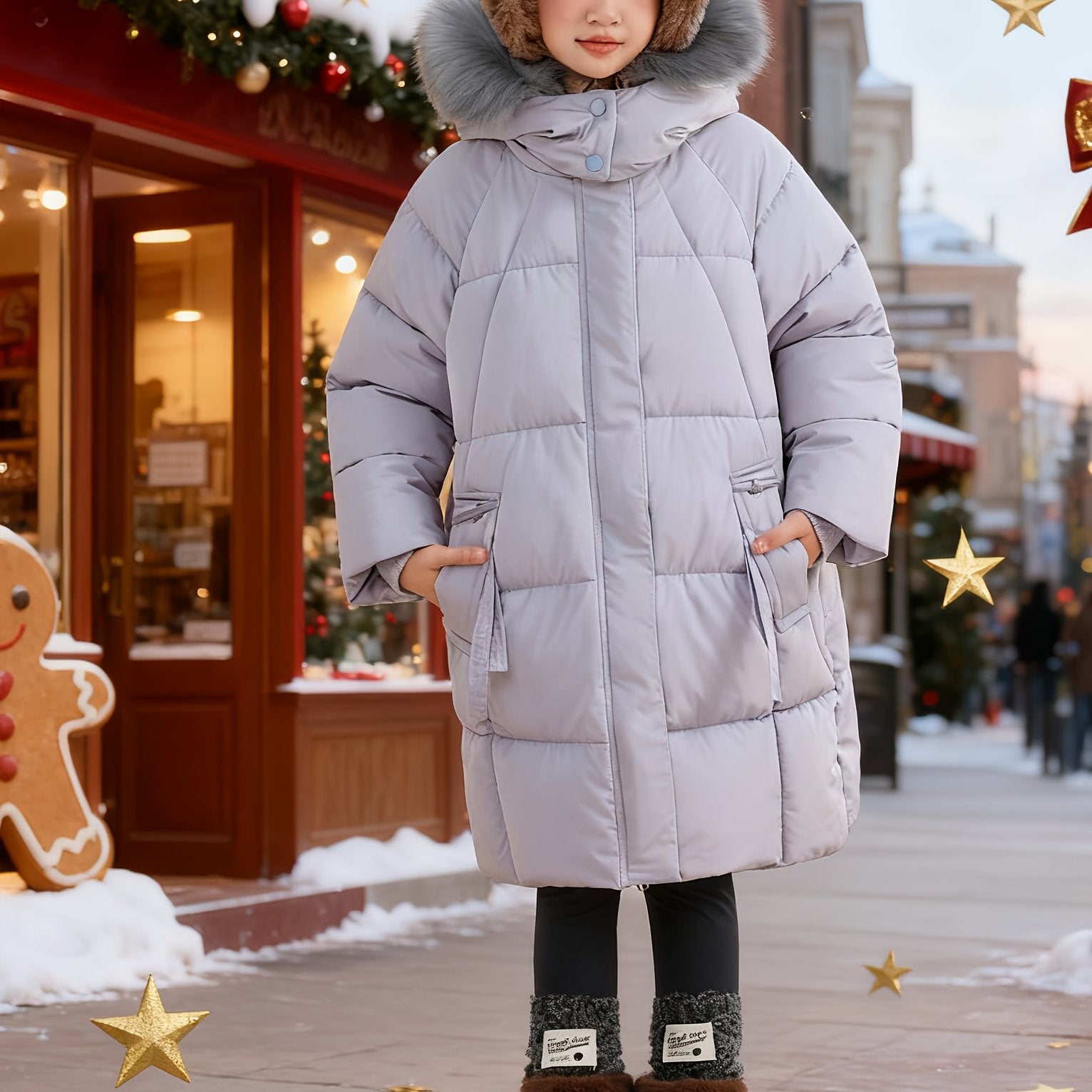 Girls' Jacket Mid-Length 2025 New Winter Thickened Clothing For Girls With Large Fur Collar Trendy Coat Girls Winter Coat Christmas Warm Coat