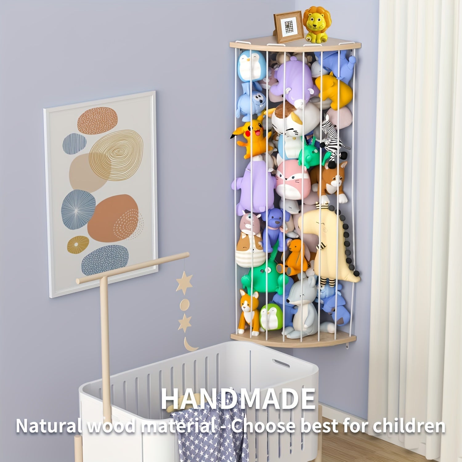 1 Set Large Moon Zoo Toy Shelf - Adjustable Wood Frame Stuffed Animal Organizer - Perfect Corner Hanging Storage for Nursery, Playroom & Bedroom