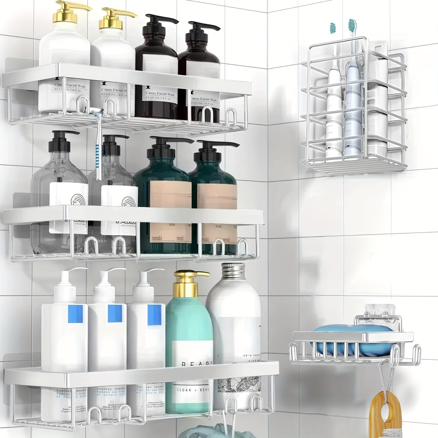 5 Pack Shower Caddy, Large Capacity Wall-Mounted Bathroom Shelf with Rustproof 304 Stainless Steel Shower Organizer Rack, No Drill Installation Suitable for Shower, Bathtub, for inside Shower Storage, Shower Caddies