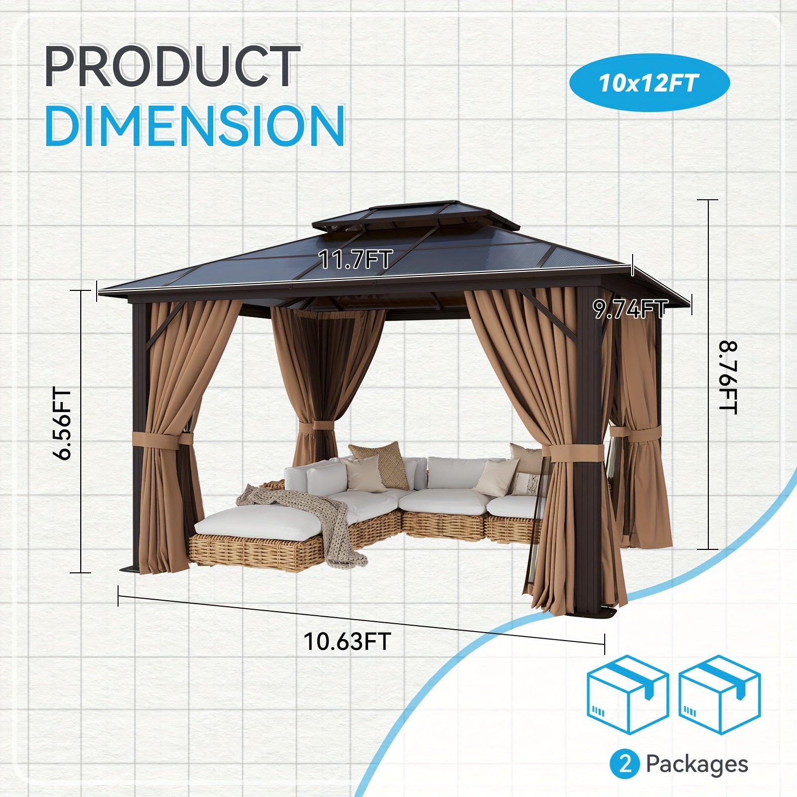 20'x13'/16'x12'/12'x10' Hardtop Gazebo for Patio, Outdoor Aluminum Gazebo with Double Roof, Curtains & Netting, Weather-Resistant Permanent Pavilion, Backyard Patio Furniture for Garden, Lawn, Deck (Brown/Gray)