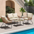 4-Piece Rattan Patio Furniture Set - All-Weather Bistro Conversation Loveseat, Chairs, And Table Set For Outdoor Living Spaces - With Cushions And Metal Table - For Garden Houses & Patios - Perfect for Relaxing & Entertaining