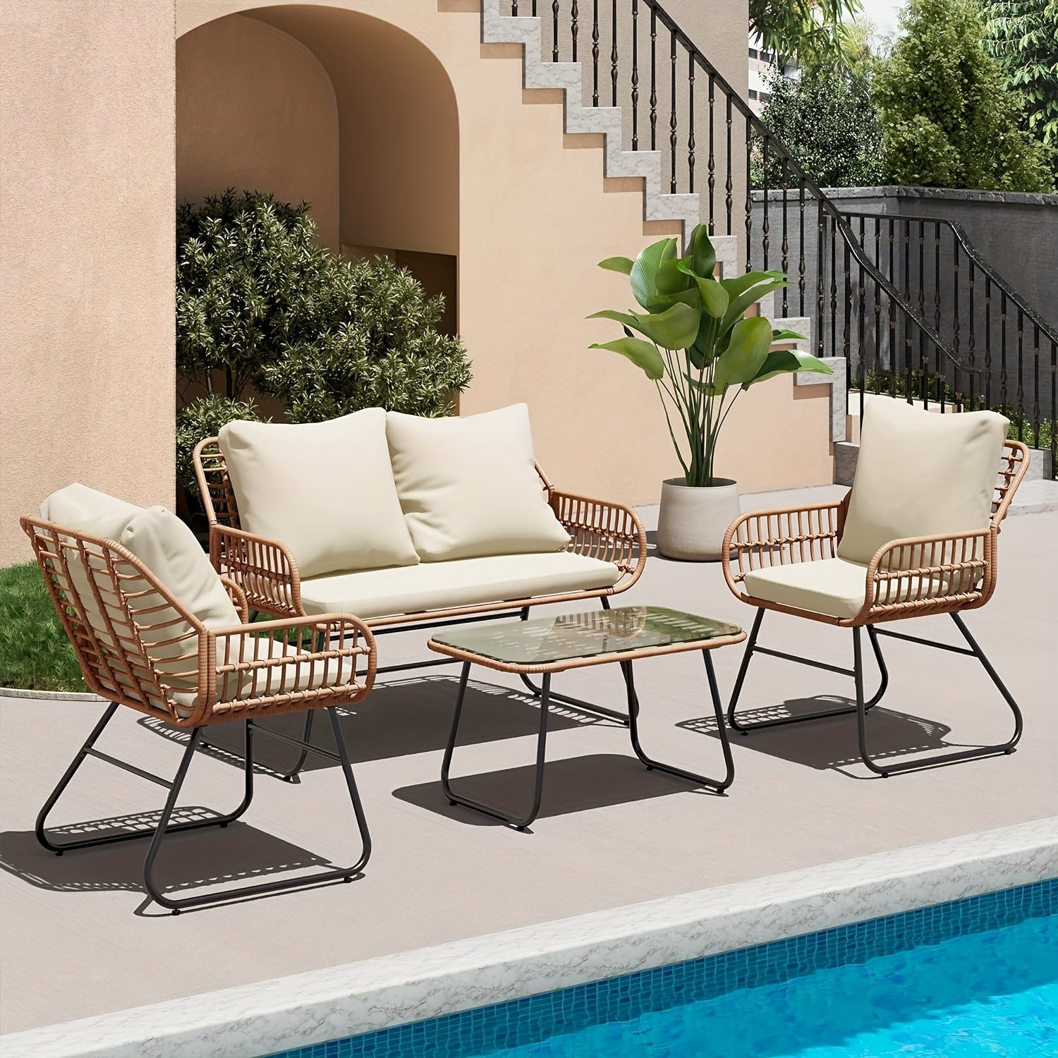 4-Piece Rattan Patio Furniture Set - All-Weather Bistro Conversation Loveseat, Chairs, And Table Set For Outdoor Living Spaces - With Cushions And Metal Table - For Garden Houses & Patios - Perfect for Relaxing & Entertaining