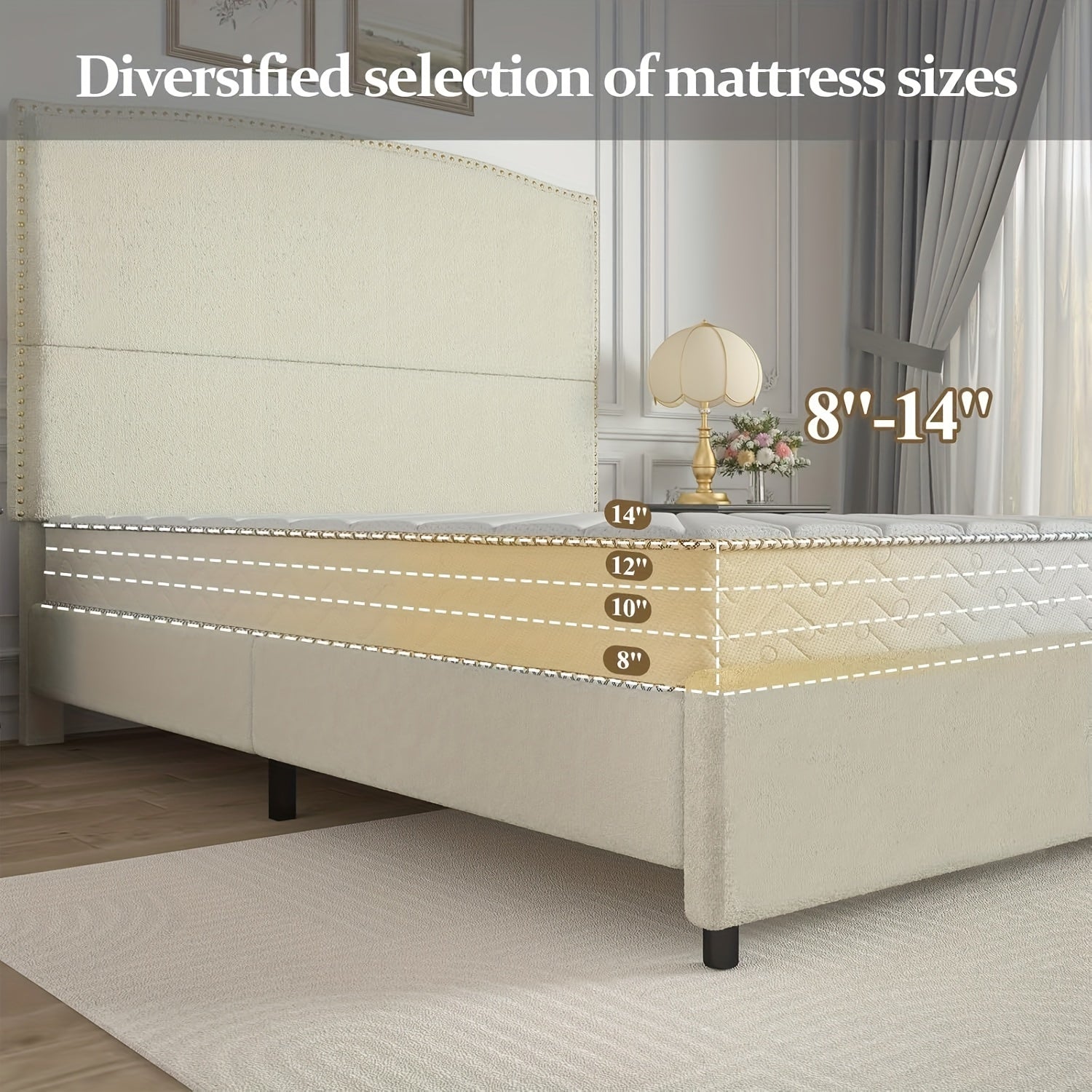 Elegant Queen King Size Bed Frame with 56" Tall Headboard, Boucle Upholstered Platform Bed with Nailhead Trim, Soft Beige/Grey/White Fabric, No Box Spring Needed, Easy Assembly, Classic Hardwood Design for a Luxurious Bedroom