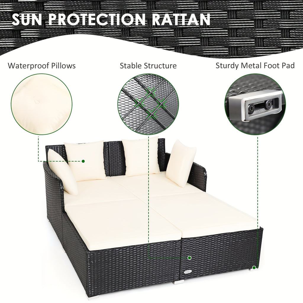 1pc Rattan Daybed With Cushions, Classic Outdoor Patio Furniture, Weather-Resistant Wicker Sofa, Beige – 61x52x27.5 Inches
