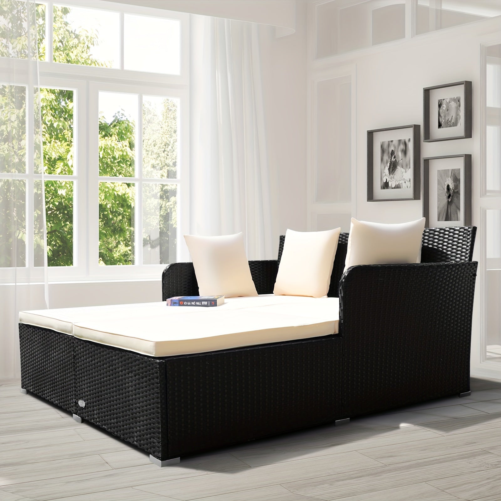 1pc Rattan Daybed With Cushions, Classic Outdoor Patio Furniture, Weather-Resistant Wicker Sofa, Beige – 61x52x27.5 Inches