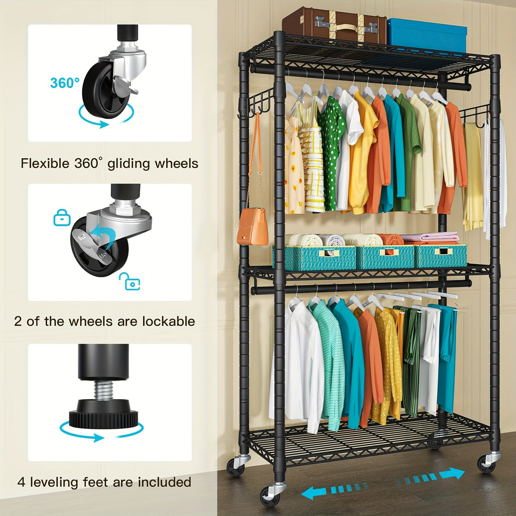 Clothes Rack Heavy Duty Metal Garment Rack With Shelves, Wardrobe Clothes Organizer, Hanging Closet Organizer For Storage, Free Standing Closet Shelves And Coat Rack, Clothes Drying Rack With Rolling Wheels, Kids Hangers And