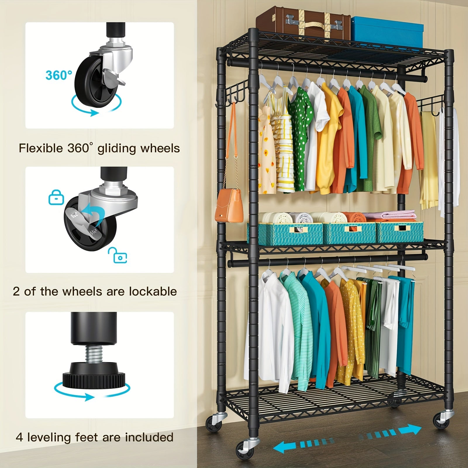 Clothes Rack Heavy Duty Metal Garment Rack With Shelves, Wardrobe Clothes Organizer, Hanging Closet Organizer For Storage, Free Standing Closet Shelves And Coat Rack, Clothes Drying Rack With Rolling Wheels, Kids Hangers And