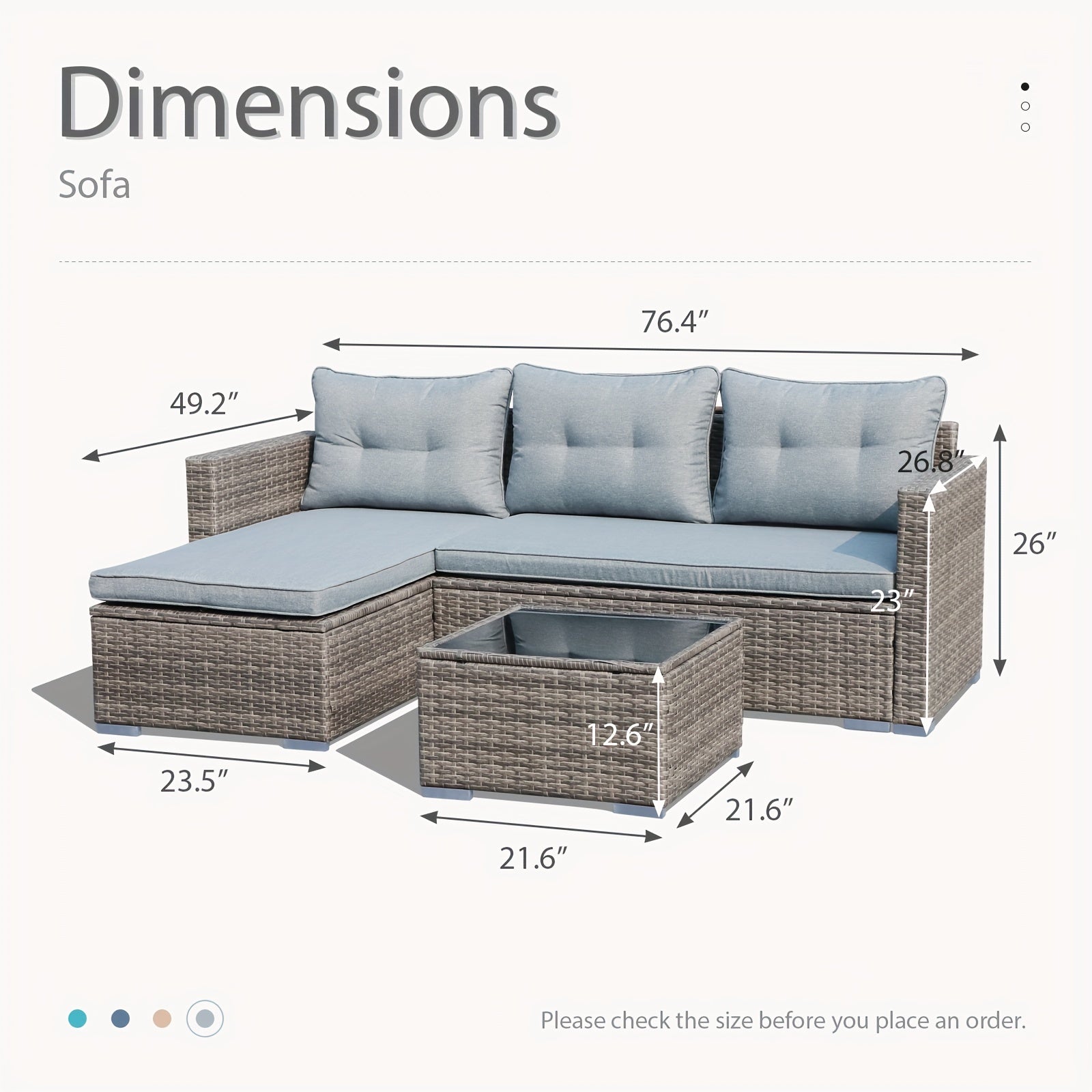 All-Weather Wicker Patio Furniture Set - Includes Sectional Sofa, Chaise Lounge & Glass Coffee Table | Durable Rattan with Metal Frame for Deck, Balcony, Porch | Grey