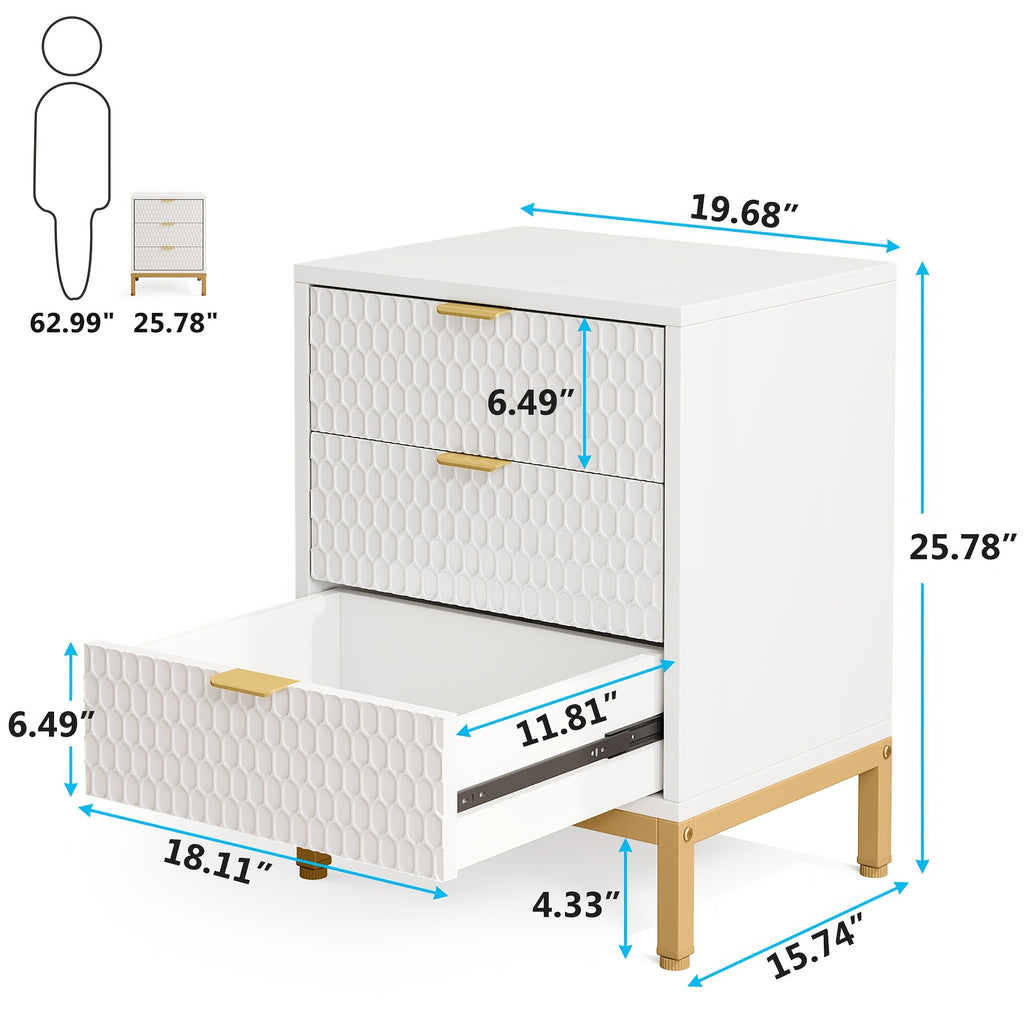 25.8" White Wooden 3-Drawer Nightstand - Modern Bedside Table With Storage, Tall End Table For Bedroom, Minimalist Dresser With Smooth Gliding Drawers, Contemporary Bedroom Furniture With Sturdy Wooden Frame (1pc)