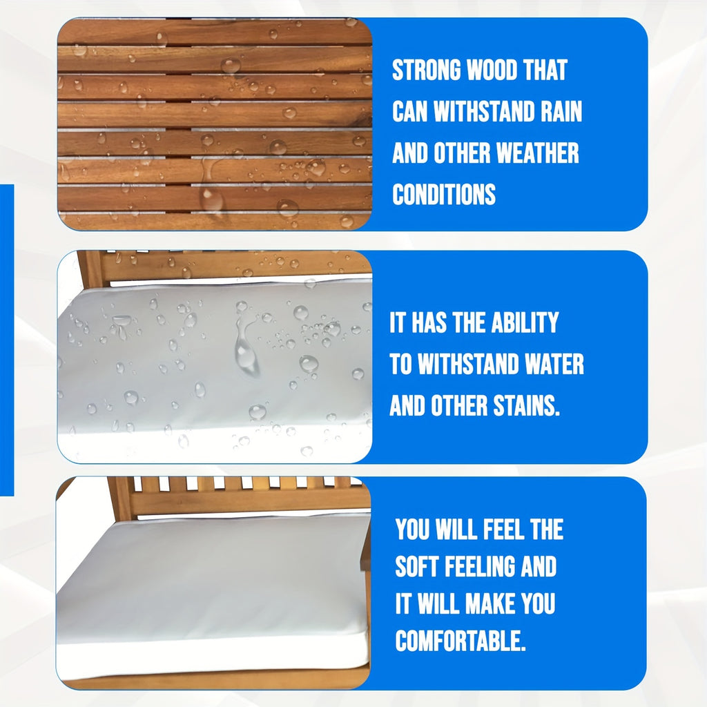 3 Pieces Acacia Wood Patio Bistro Set with Water Resistant Cushions and Coffee Table for Backyard Garden Patio Furniture Outdoor Table Chair Set Outdoor Wood Chat Chairs Set